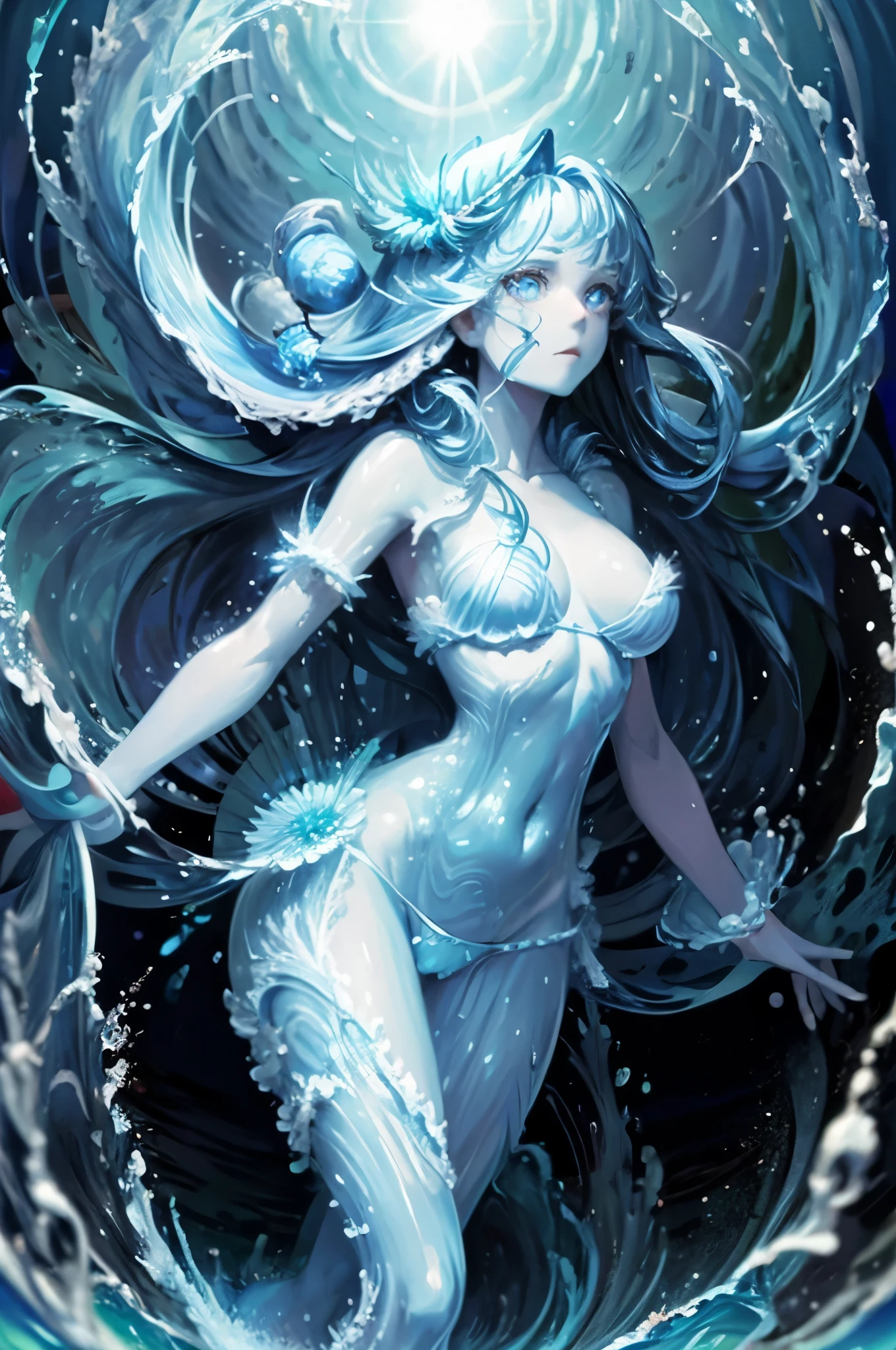 watergirl, big breasts, long blue hair, blue eyes, in sea, bright