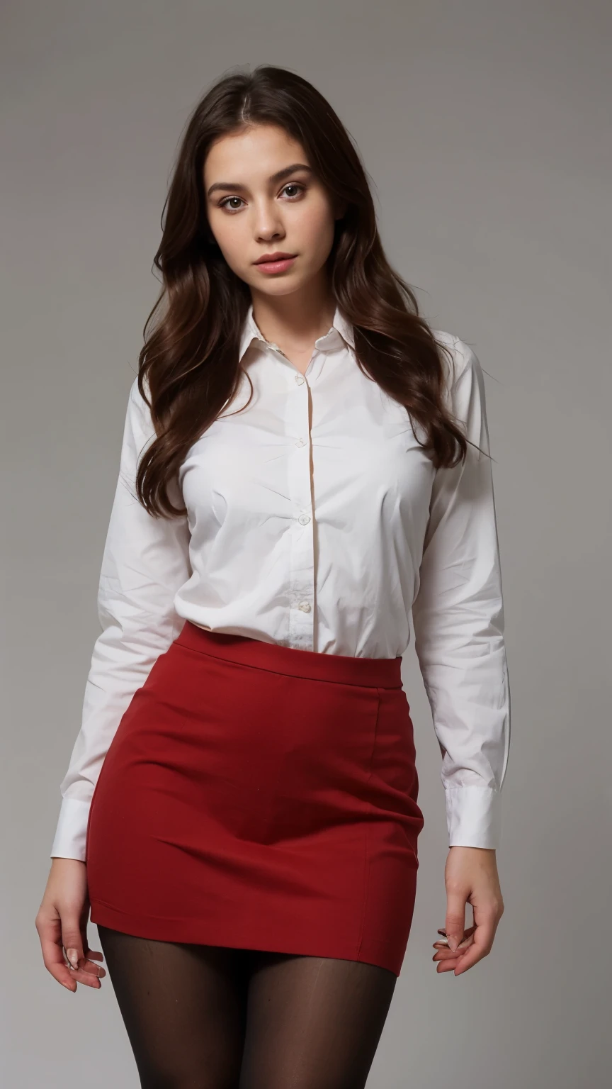 skirt, business attire, young girl, red tights, warm clothes, full length, on a plain background ((Best quality)), ((masterpiece)), (detailed), perfect face