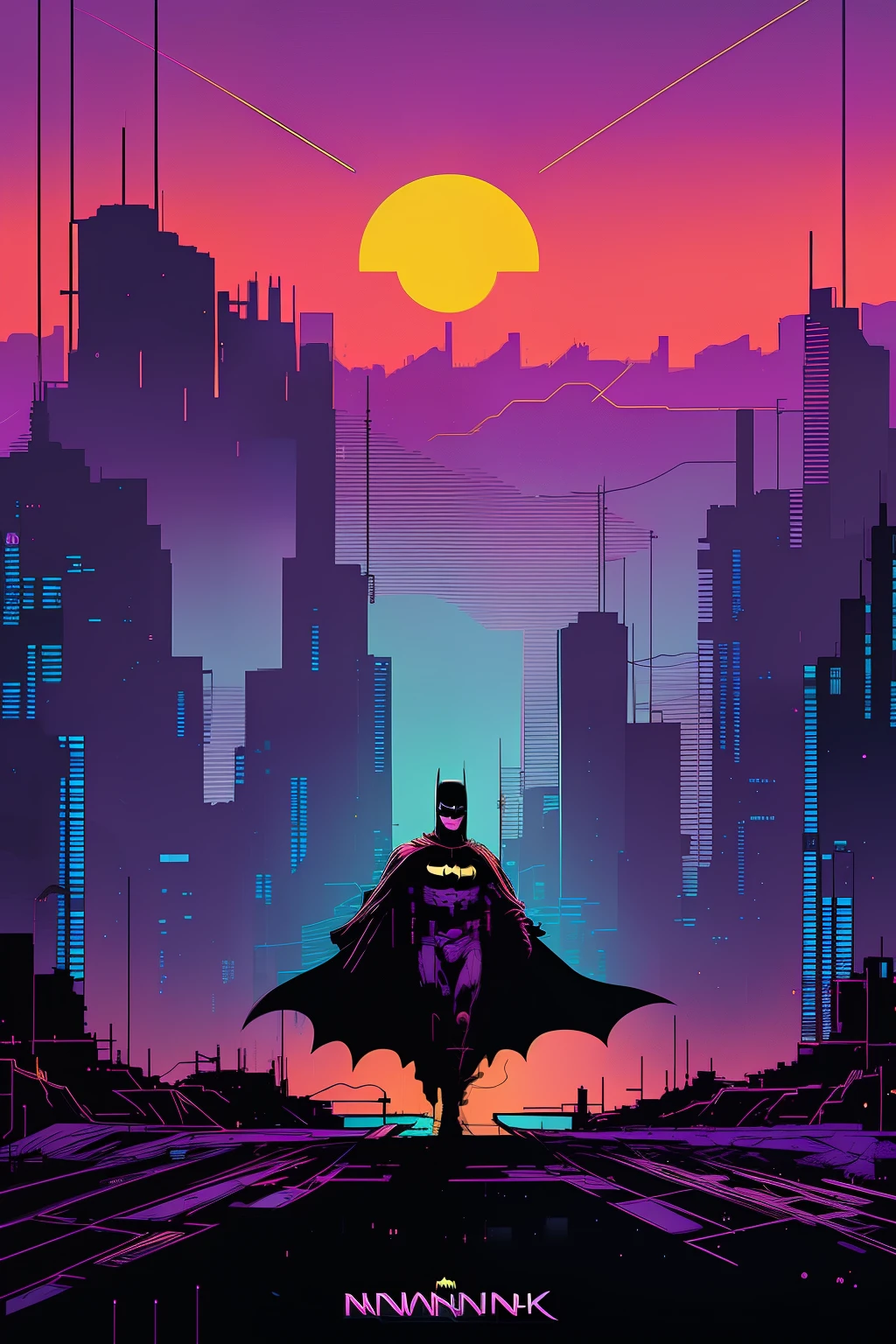 (nvinkpunk:1.2) (snthwve style:0.8) batman, fantasy, lightwave, sunset, intricate, highly detailed, batman head stencil, flowing cape, 