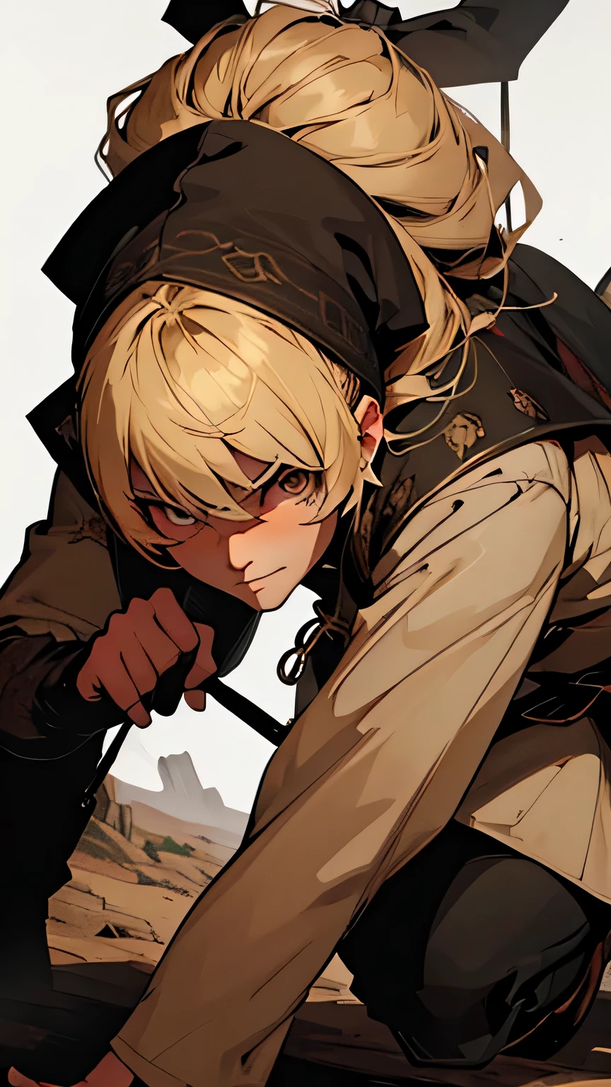 Ranger, Female, Medieval clothing, crouched, Stealth, Astral Bow Equiped, Traps, Trap's Master, Black Manteau, Night Florest Background, blond Hair, Brown eyes,
