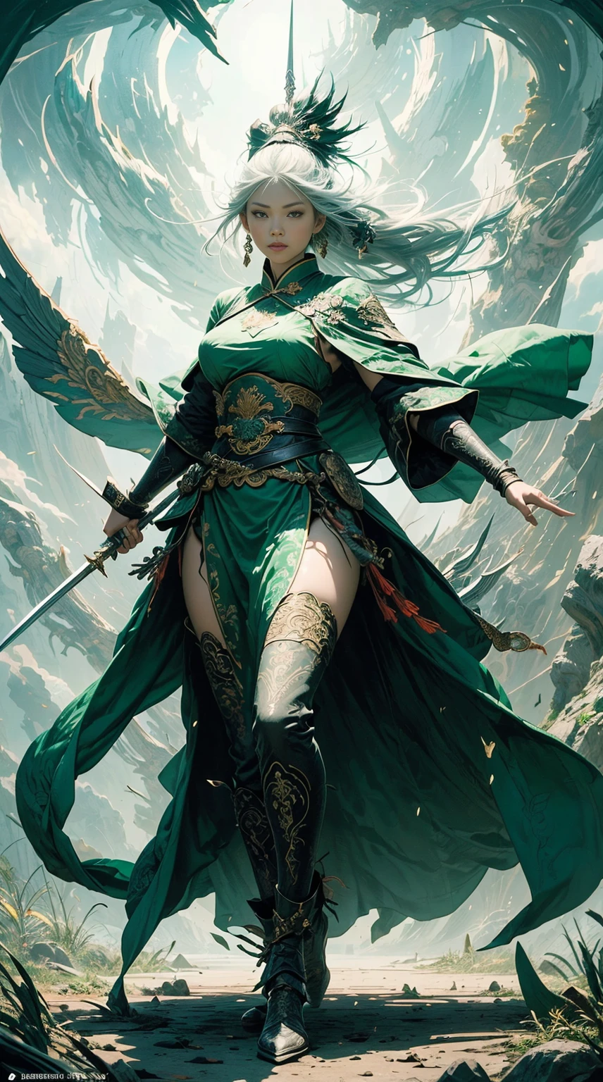 (A Full body Illustration:1.5), high definition|quality|contrast. Magic Fantasy art. a Chinese warrior woman, ((holding a long spear)), traditional dress in shades of green, a fenix tattoo on the right leg, in a battle pose, swirl of leaves around. her body emanates an energy of peace and strength that emits white and green colors of peace and strength.This energy that radiates around her protects her against an evil spirit.