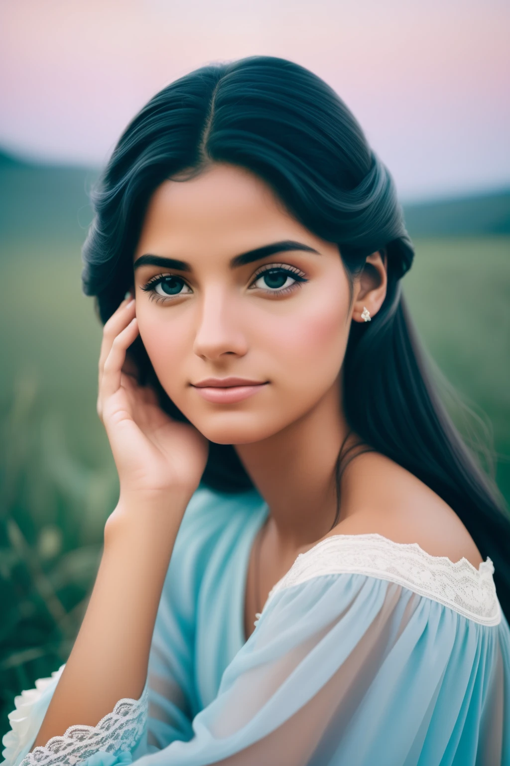 Foto RAW en secuencia, una retrato delicada de una joven hermosa, compuesto por una toma cercana, captured with a film camera. Soft pastel colors and a dreamy atmosphere surround it, highlighting its ethereal beauty. La suave luz del sol la toca el rostro, evocando un estado tranquilo y armonioso.

[I] Image Prompt: A stunning portrait of a beautiful, fair-skinned woman, taken with a film camera. The scene is filled with soft, pastel colors and a dreamlike quality,