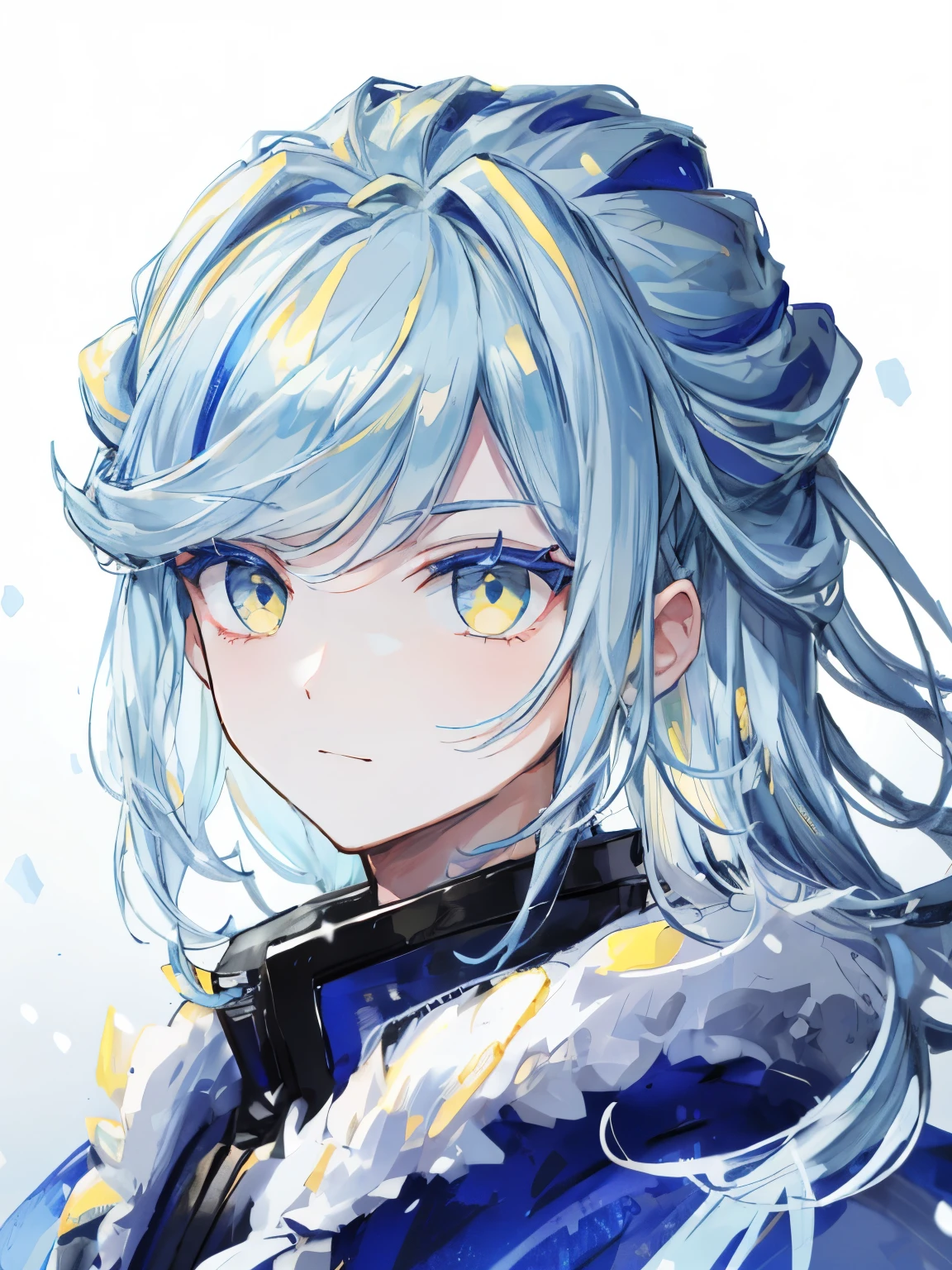 highest quality、best quality、super detailed、perfect face、very detailed、very delicate、1 boy, (cute), Angel, light blue hair、half up、place々Blue Mesh、blue and yellow gradient eyes、Noble attire、snow mountain、Snow blows、nature