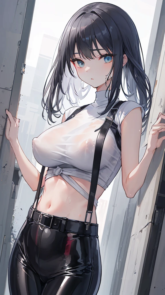 Wearing a silver ring on her white finger，Her slender figure was wrapped in a pair of tight black leather pants.，A white shirt on the upper body，Tucked into leather pants。
Two black suspenders are tightly attached to the white shirt on both sides of the chest.，big breasts。The slender waist is tied with a belt，Two pistols hung on both sides of the belt。
This outfit is very smart，Heroic and heroic，Paired with a beautiful face。(see-throgh clothing:1.5),anatomically correct,(visible vermilion nipples)，Transparent clothing,Prominent nipples,Transparent clothing,wet clothing