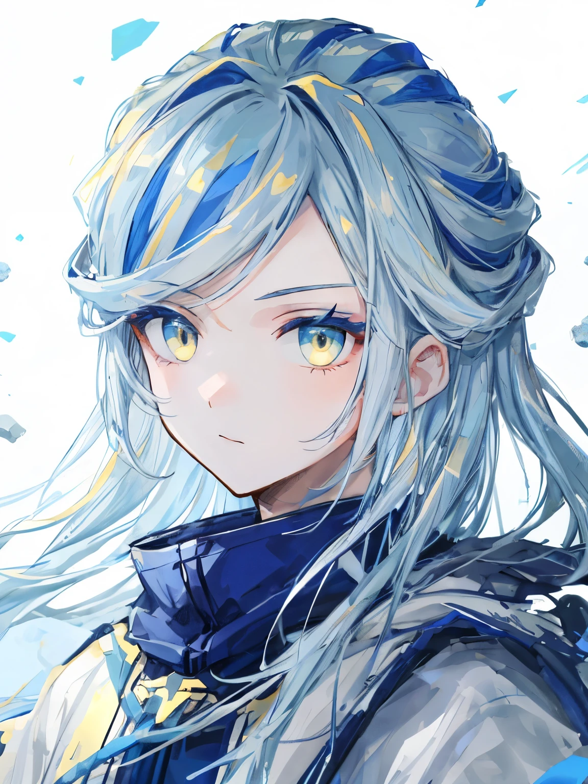 highest quality、best quality、super detailed、perfect face、very detailed、very delicate、1 boy, (cute), Angel, light blue hair、half up、place々Blue Mesh、blue and yellow gradient eyes、Noble attire、snow mountain、Snow blows、nature