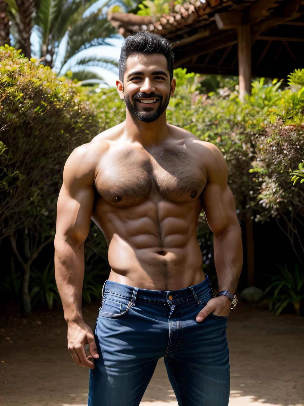 obra de arte, melhor qualidade, high resolution, retrato em close, FOCO MASCULINO, foco apenas, Um homem, jardineiro sujo quase nu, 25 anos de idade, cara bonita, sorriso pretensioso, vestindo jeans curtos desabotoados, protuberance, abrindo as pernas, sujo e lamacento, suado, pernas muito peludas, magro e peludo, seminua, peito nu, No jardim de fundo, amazing composition, vista frontal, HDR, volumetric lighting, ultra qualidade, elegante, altamente detalhado