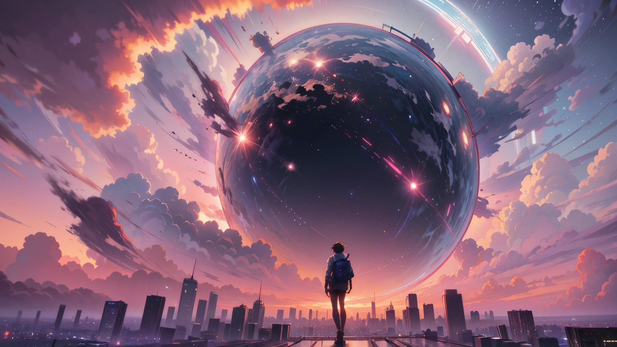 anime, man, city, sky, cityscape, space, stars, clouds, cityscape, man, cityscape, space, citysca, style hybrid mix of beeple, beeple!!, beeple art, artgem and beeple masterpiece, beeple masterpiece, beeple artwork, beeple style, cinematic beeple