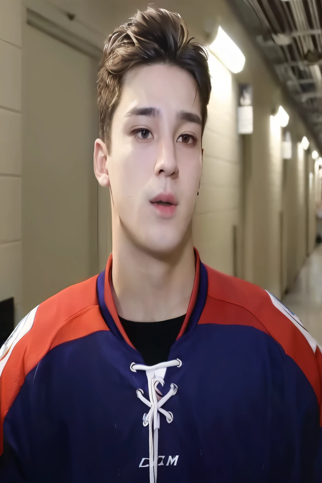 prickly hockey player in a hallway with a red and blue shirt, JungKook, JungKook, JungKook, JungKook, Christian cline, JungKook, JungKook, ( JungKook), JungKook, inspirado em Jeon JungKook, JungKook, JungKook, estilo de seb mckinnon