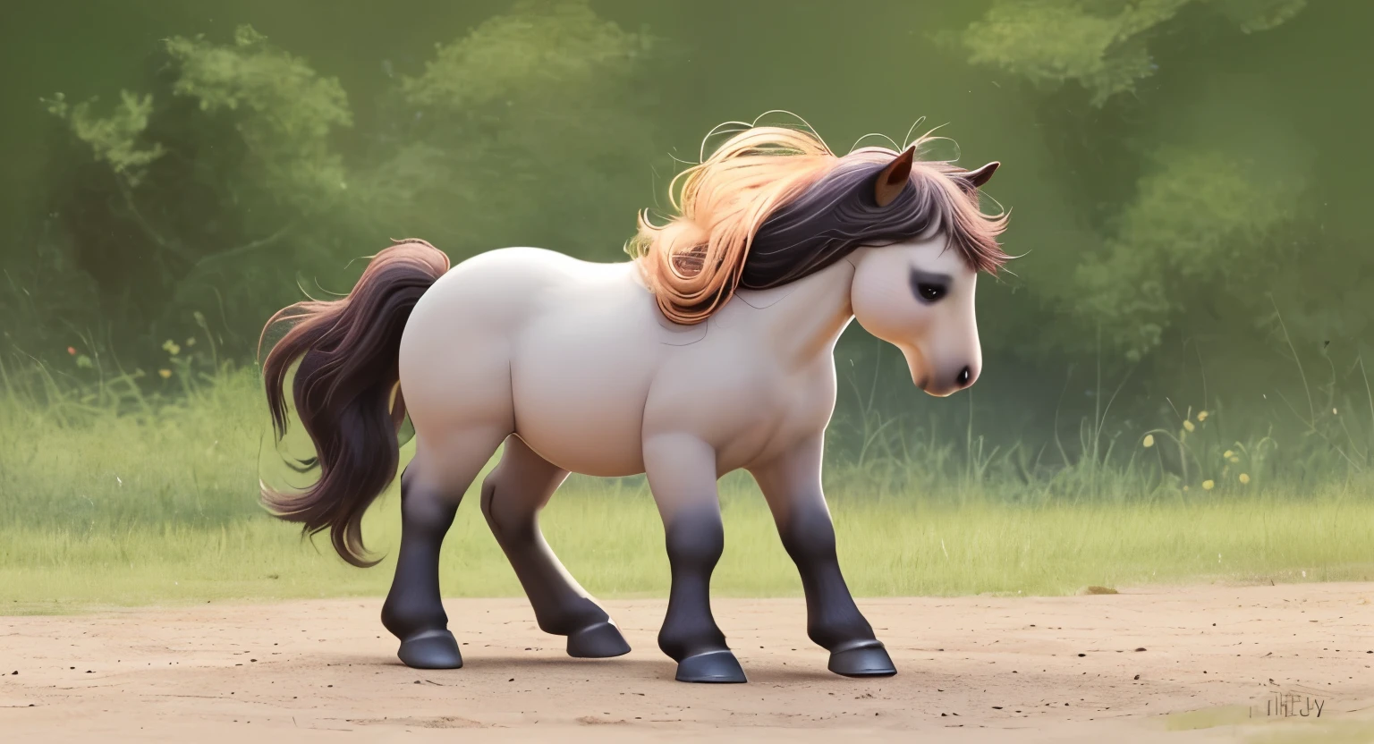A full body view of a Beautiful, cute, lovely, chubby, wild pony playing