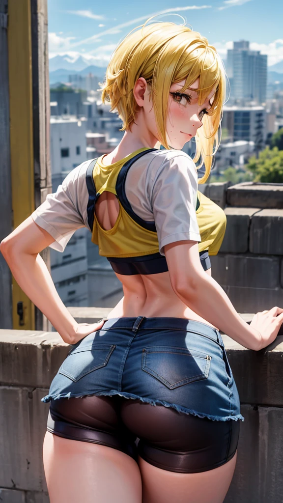 1 chica, obra maestra, Mejor calidad, , ropa deportiva, bike shorts apretados,crop top sin mangas,pechos medianos, trasero grande, de rodillas, vista al trasero, vista al espectador, vista arriba