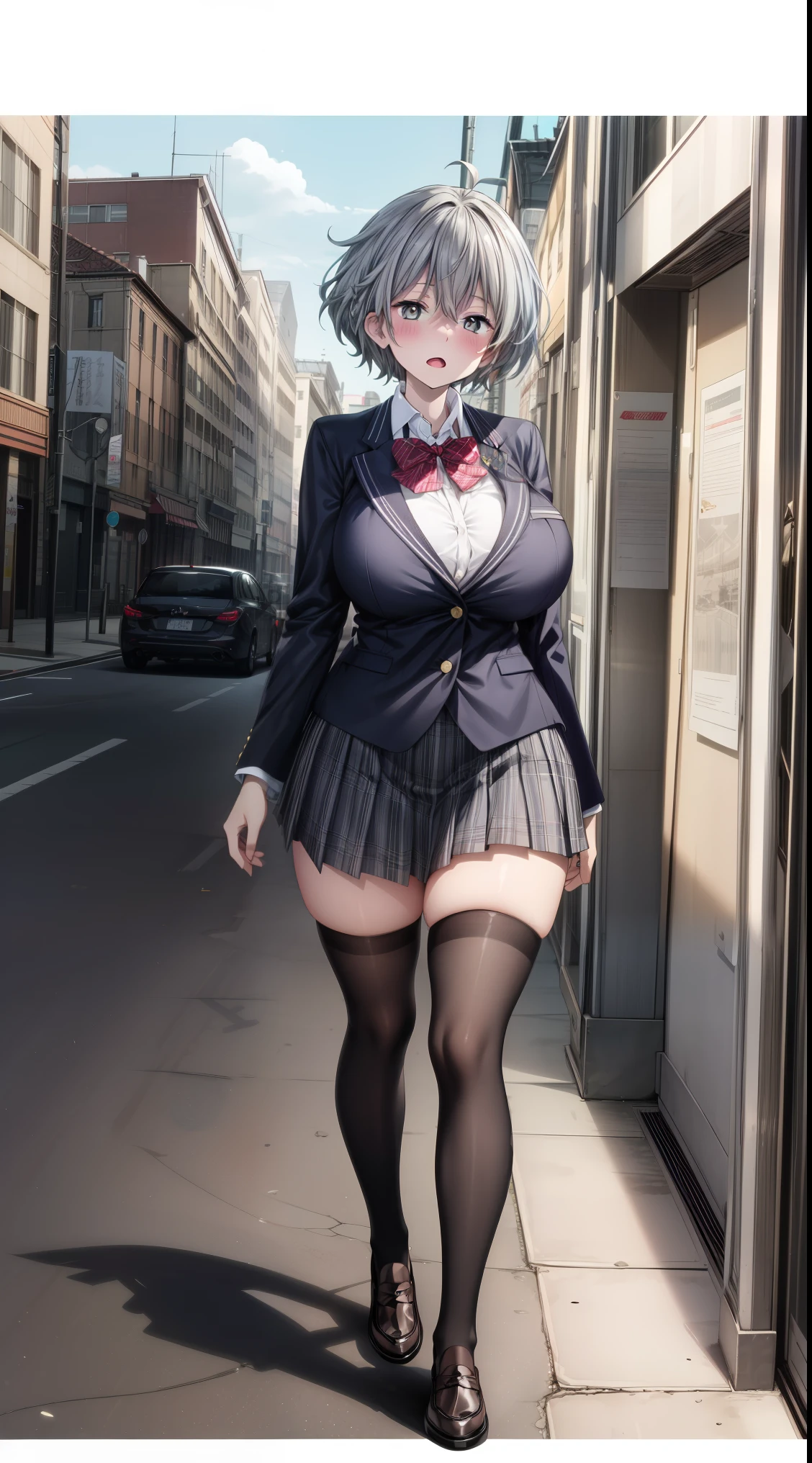 (Beautiful, Huge_Breasts), short skirt, illustration of women in school uniform, short hair, blue hair, blush, bangs, closed mouth, brown eyes,
1 girl, 20yo,YOUNG female, Beautiful Finger, Beautiful long legs ,Beautiful body ,Beautiful Nose ,Beautiful character design, perfect eyes, perfect face,(Beautiful,Huge_Breasts:1.3)
an anime/cartoon character wearing a girls school uniform walking upright with straight posture and an open mouth, 1girl, solo, thigh-highs, ブレザー burezaa (Blazer), ahoge, long hair, white thighhighackground, hand on hip, full body, bow, school uniform, looking at viewer, bowtie, shoes, loafers, ribbon,
official art, extremely detailed CG unity 8k wallpaper, perfect lighting,Colorful, Bright_Front_face_Lightinasterpiece:1.0),(best_quality:1.0), ultra high res,4K,ultra-detailed,
photography, 8K, HDR, highres, absurdres:1.2, Kodak portra 400, film grain, blurry background, bokeh:1.2, lens flare, (vibrant_color:1.2)
, (beautiful_face:1.5),(narrow_waist),