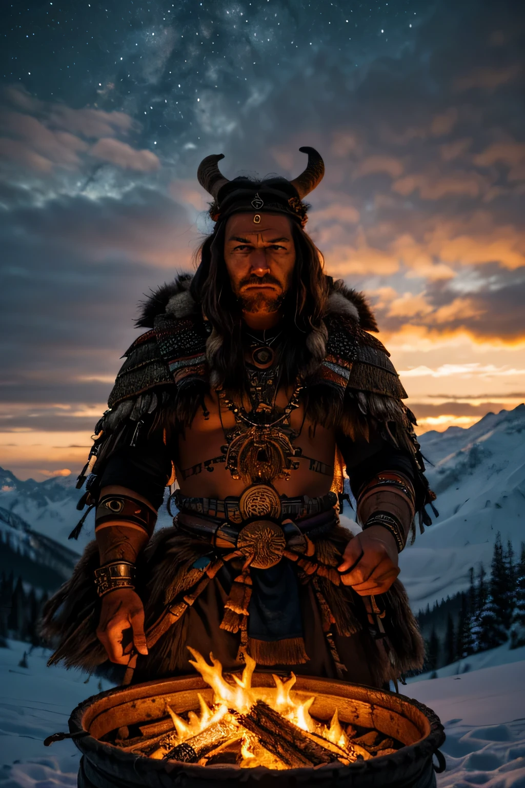 masterpiece, Best quality), 8K wallpaper, high detail, poster, shaman of the northern people on the background of sunset in the mountains, high detail, shaman, fire, black jar of mumiyo