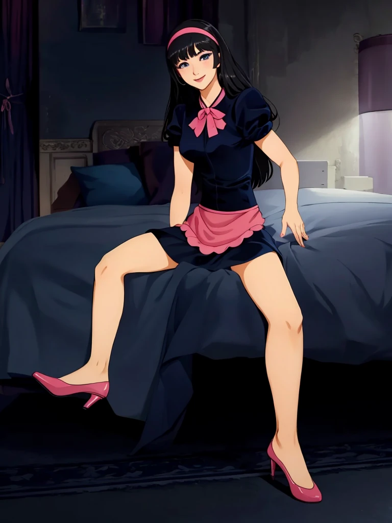 young asian woman in a dark blue maid dress and pink appron sitting on a bed, seductive girl, beautiful alluring teenager, sitting in her room the night, long black hairs with pink headband, make-up, dark blue eyes, polish nails, pink heeled shoes, cynical smile, looking at own body, enjoying her new body