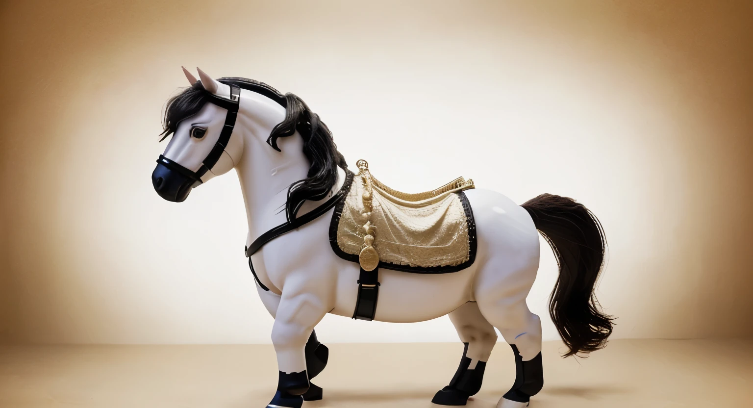 A full body view of a Beautiful, cute, lovely, chubby, decorated pony horse playing