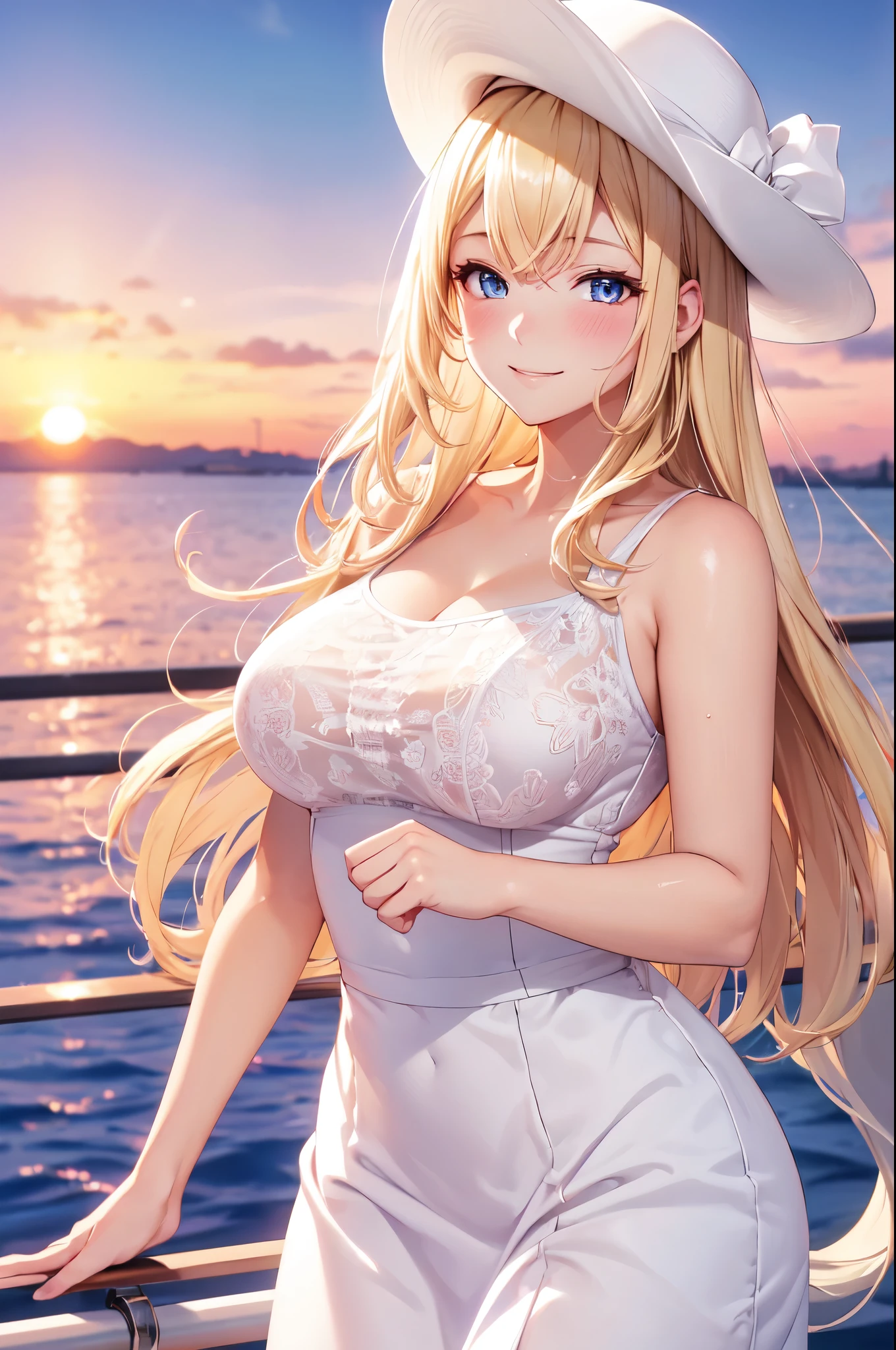 (High quality, High resolution, Fine details), Realistic, (Pink sunset), Yacht Harbor, Fantastic, solo, BREAK (White Dress, White Hat), curvy women, BREAK blond hair, sparkling eyes, (Detailed eyes:1.2), smile, blush, Sweat, Oily skin, shallow depth of field
