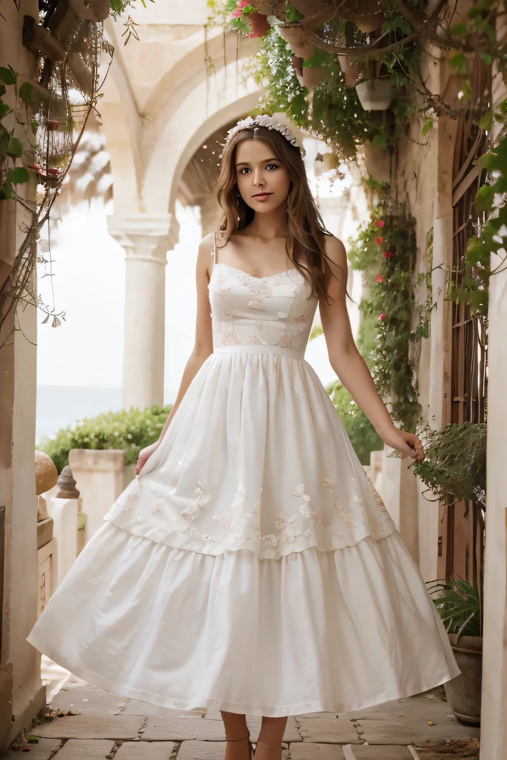 crie Um vestido de noiva branco com detalhes em marsala, ajustado no corpo, com rendas delicadas branco com detalhes em marsala sobre um forro nude, proporcionando um contraste sutil. the dress may have a flowing skirt, com camadas de tule em diferentes tons de marsala para adicionar profundidade e movimento. Com um decote em V e mangas longas rendadas, would offer a romantic elegance. adornments such as pearl embroidery or floral details in marsala would complete the ensemble in a charming way.
