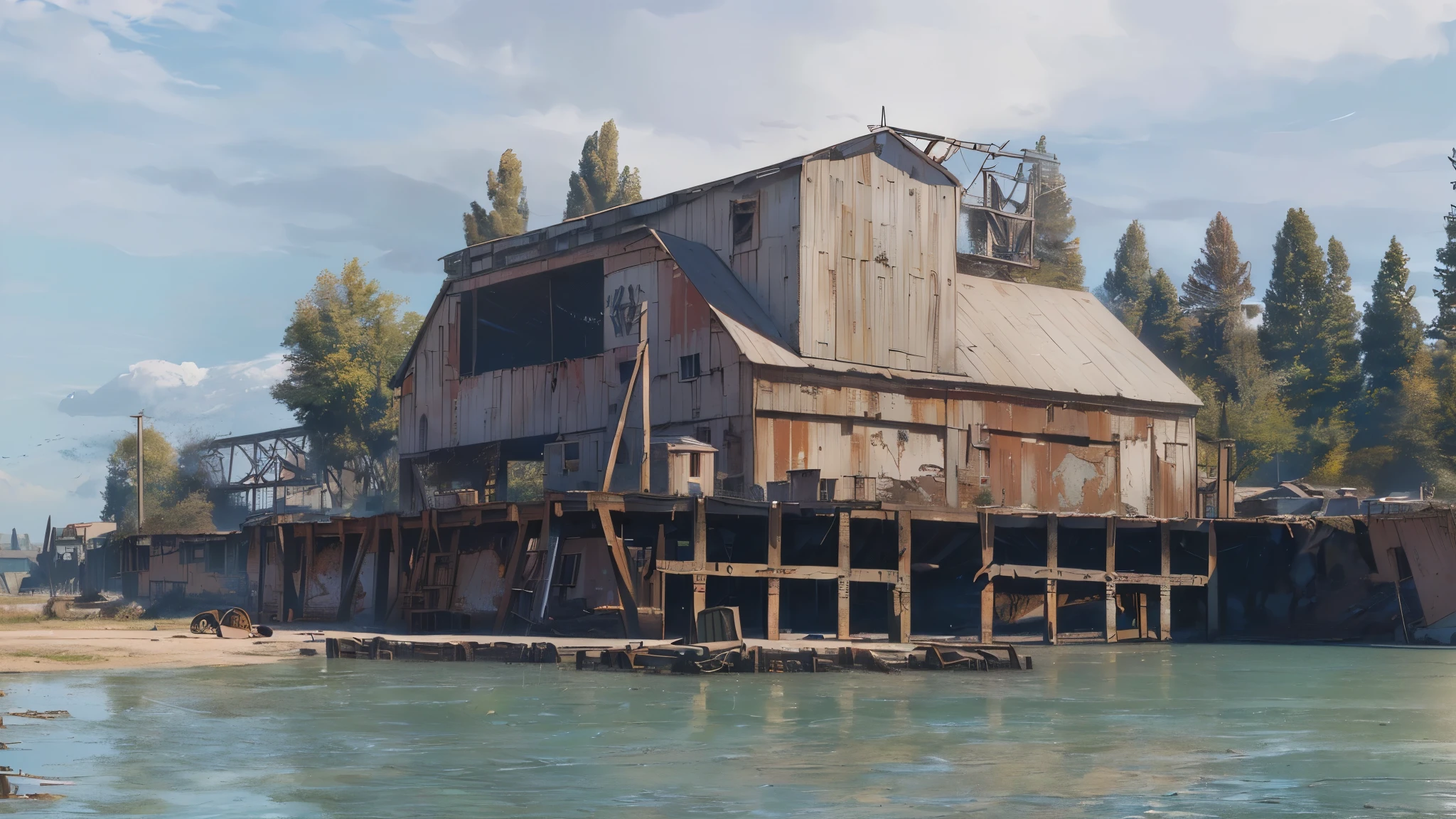 (Best quality, 8K, 32K, masterpiece, UHD: 1.2, ray tracing: 1.2, real: 1.2), (Side: 3 (barn at the pier), (Prairie, Long distance:1.5), road works sign in the background, beautiful post-apocalyptic sky, White clouds, (((Post-apocalyptic wasteland)))