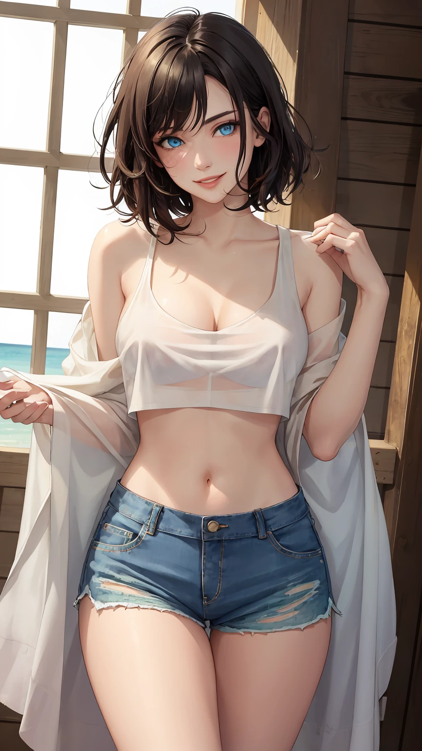 ((((masterpiece, best quality, high resolution)))), (1girl:1.5), ((short silky hair, black hair, blue eyes, sharp eyes)), (big breasts:1.2), blush, (cheeky smile, parted lips), glow, thighs, bare shoulders, collarbone, narrow waist, (slender body figure), (beautiful detailed face, beautiful detailed eyes), ((white loose crop top, see-through material, shorts)), (standing up), looking at viewer, beach, (cowboy shot)
