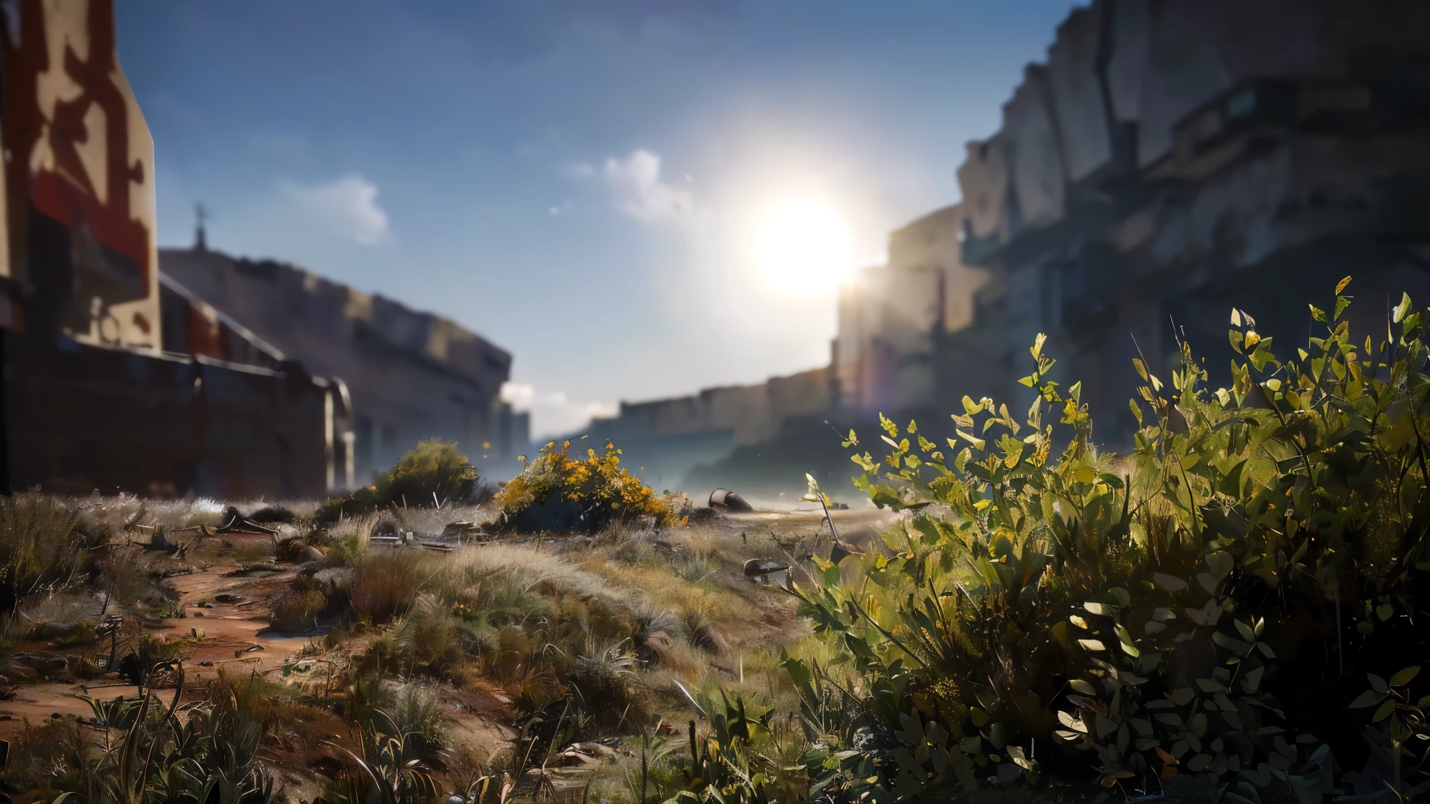 (Best quality, 8K, 32K, masterpiece, UHD: 1.2, ray tracing: 1.2, real: 1.2), (Side: 3 (plants close up,Background blurred), (Prairie, Long distance:1.5), road works sign in the background, beautiful white clouds stretching into the distance, (((Post-apocalyptic wasteland)))