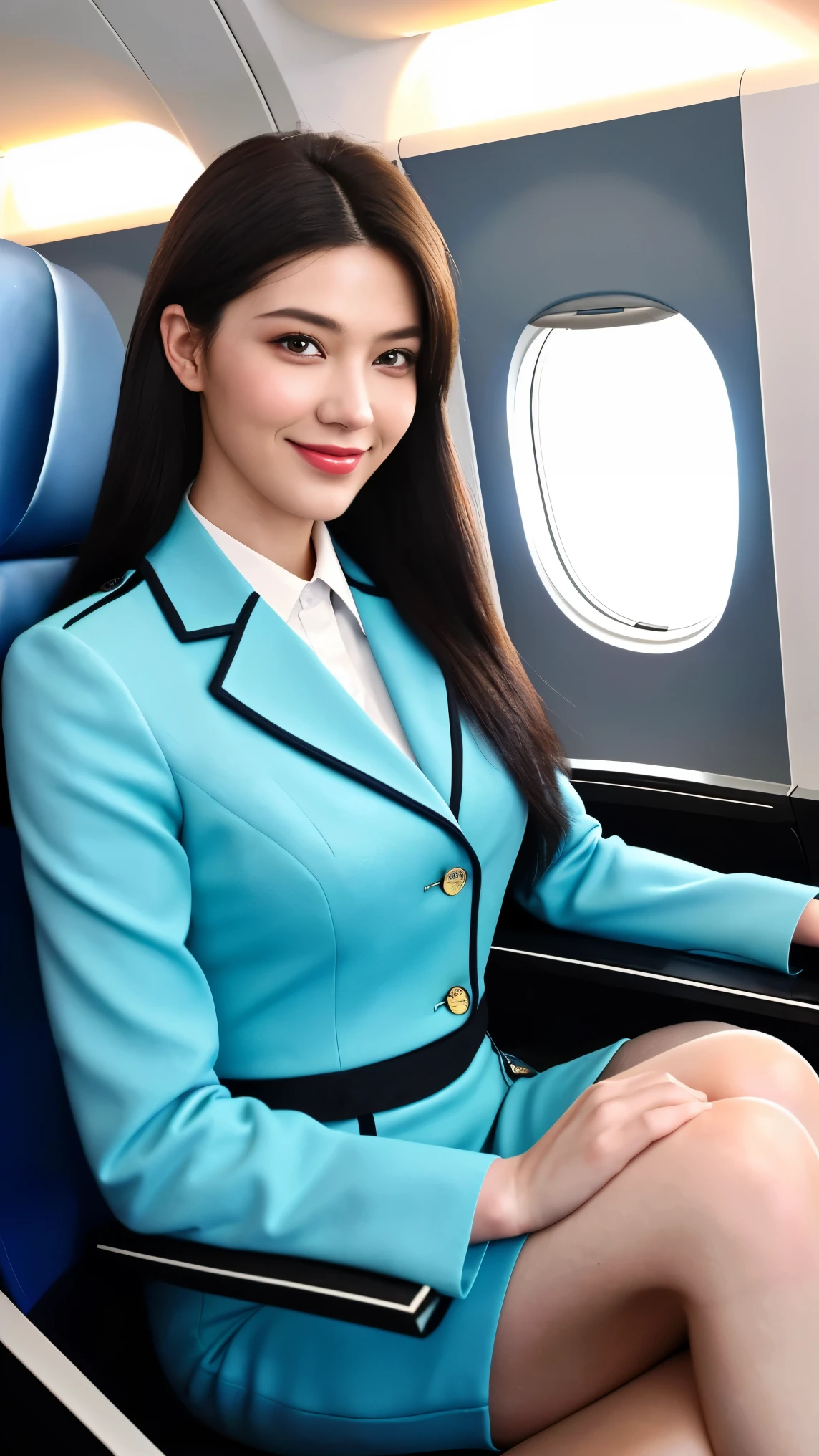 best quality,4k,8k,highres,masterpiece:1.2,ultra-detailed,(realistic,photorealistic,photo-realistic:1.37),portraits,(professional lighting:1.1),vivid colors,beautiful detailed eyes,beautiful detailed lips,extremely detailed eyes and face,longeyelashes,smiling,upbeat attitude,friendly,welcoming,body language,feminine,enjoying the day at work,confident,well-dressed in a stylish flight attendant uniform,neat and tidy,professional appearance,standing in a modern and spacious aircraft cabin,view of the airplane's window and clouds outside,aesthetic and elegant design of the cabin interior,comfortable seating arrangement,airy and bright atmosphere in the cabin,soft ambient lighting,soft music playing in the background,refreshing scent in the air,