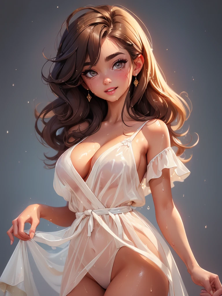 (Top Quality, Masterpiece: 1.3), Girls: 1, Sexy: 1.5, Bob Hair, Brown Hair: 1.3, (Wet Body: 1.2), clear see through open Nightgown, breasts exposed, Beautiful Cleavage, Ultra Detailed Face, Detailed Lips, Detailed Eyes, Double Eyelids, Sexy, Smile, Beautiful Legs open, pussy exposed, dark pubic hair. 