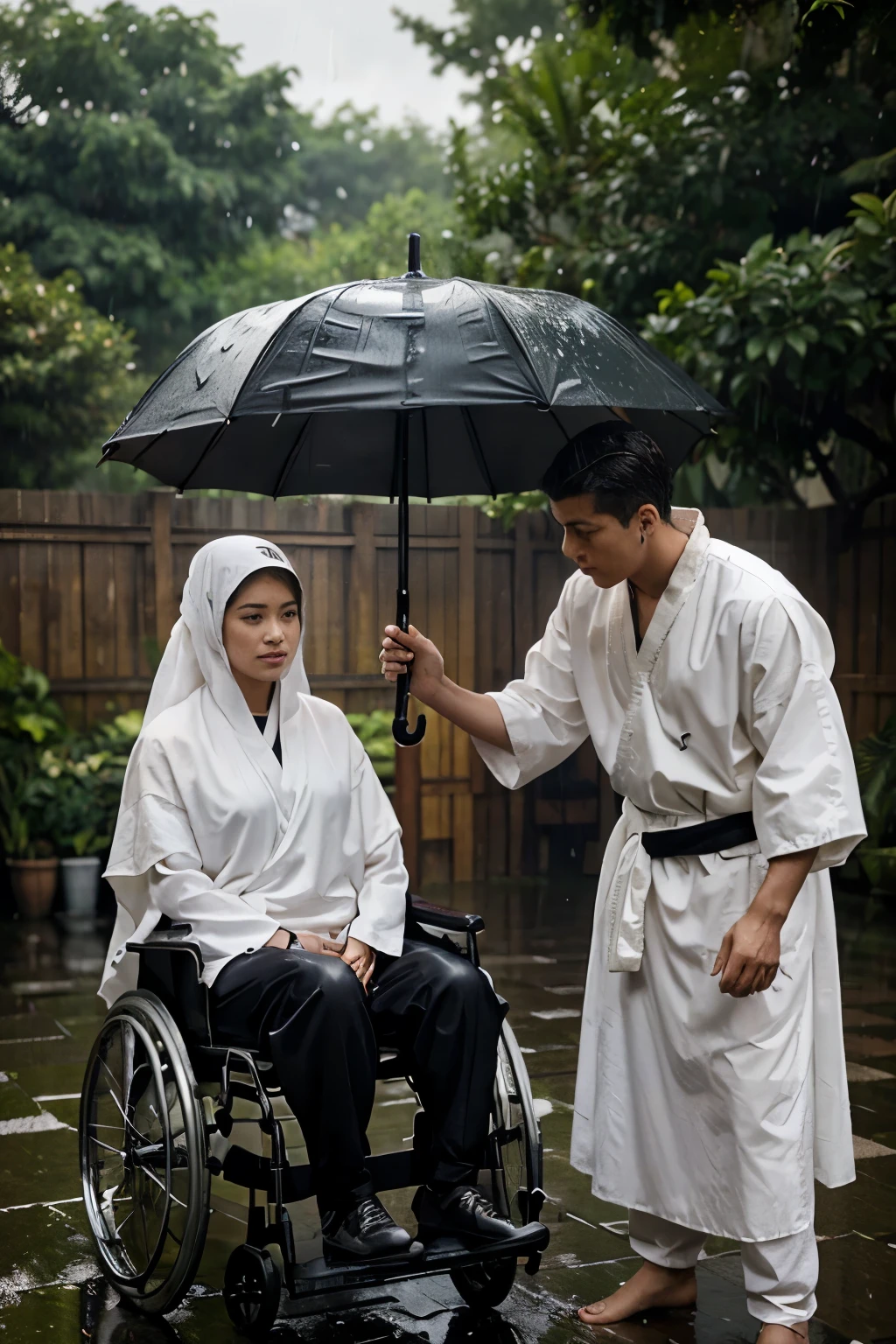 In the poster the weather is shown to be raining and there is a woman on the wheelchair sitting the boy standing on the left side of the frame is holding an umbrella over the head of the women covering her from getting wey
While he himself is soaking wet