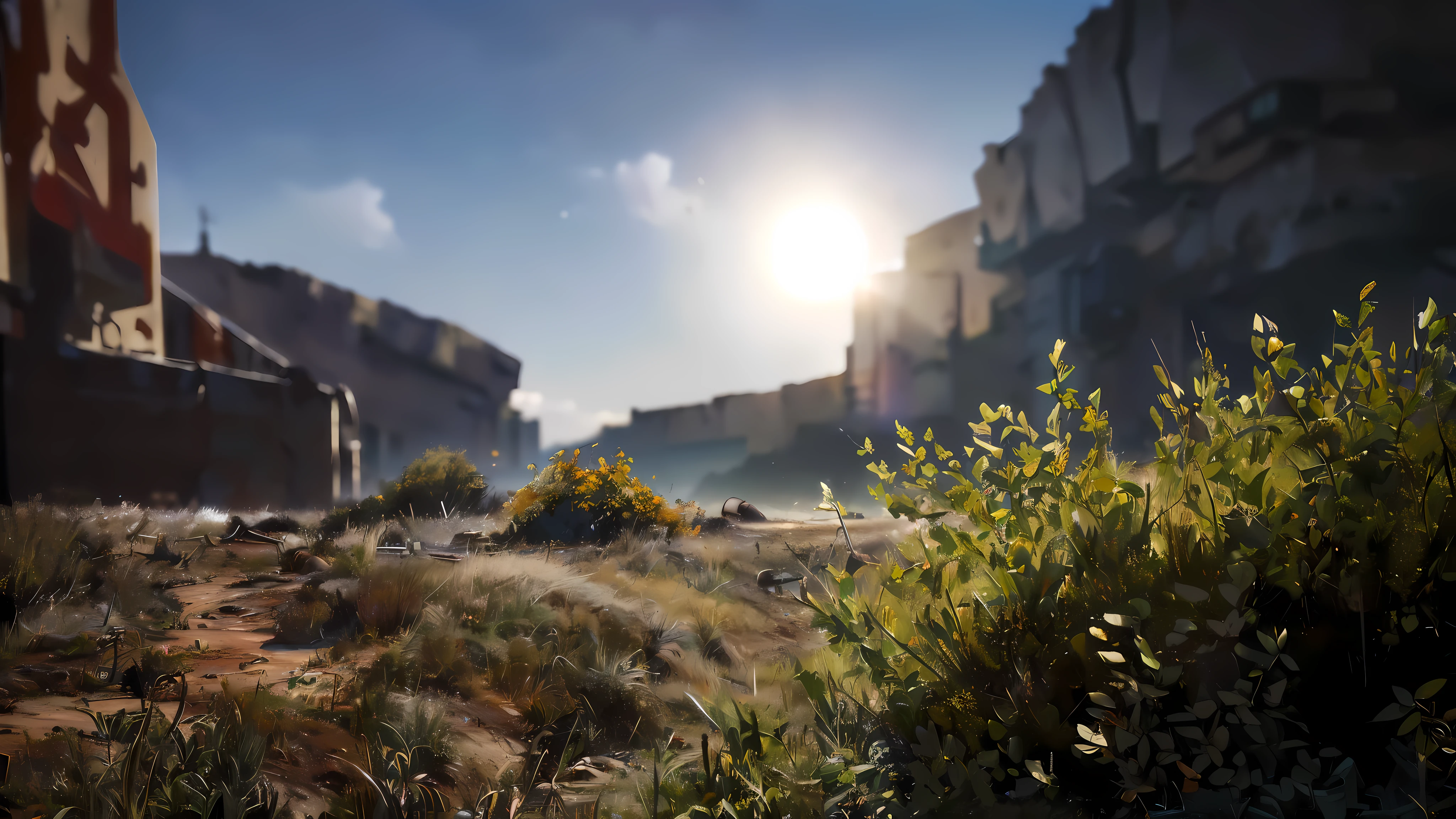 (Best quality, 8K, 32K, masterpiece, UHD: 1.2, ray tracing: 1.2, real: 1.2), (Side: 3 (plants close up,Background blurred), (Prairie, Long distance:1.5), Road works sign in the background, Beautiful white clouds, going into the distance, (((Post-apocalyptic wasteland)))