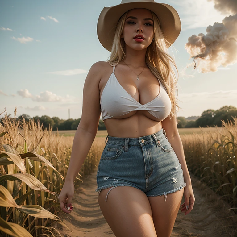 Bleach blonde haired female with a curvy body and big red lips in a cornfield with sexy country girl clothes on and smoke coming from her mouth