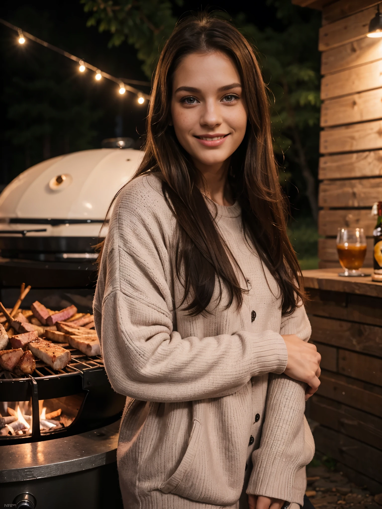 night shot side pose of a 30 year old Finland beautiful model, wearing cozy outfit, smiling and doing BBQ, light brown eyes, 6ft tall, minimal freckles, pink lips, straight black hairs, realistic skin texture, realistic photography