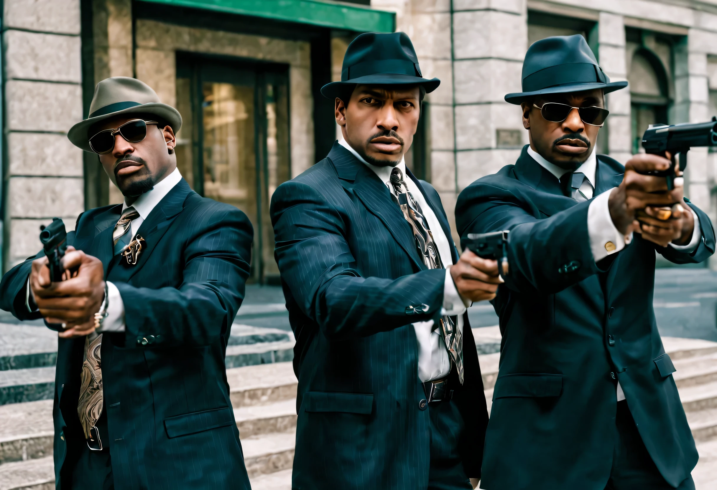 three mafia men outside a bank, holding guns com uma atmosfera sombria e opressiva, full of tension and suspense.