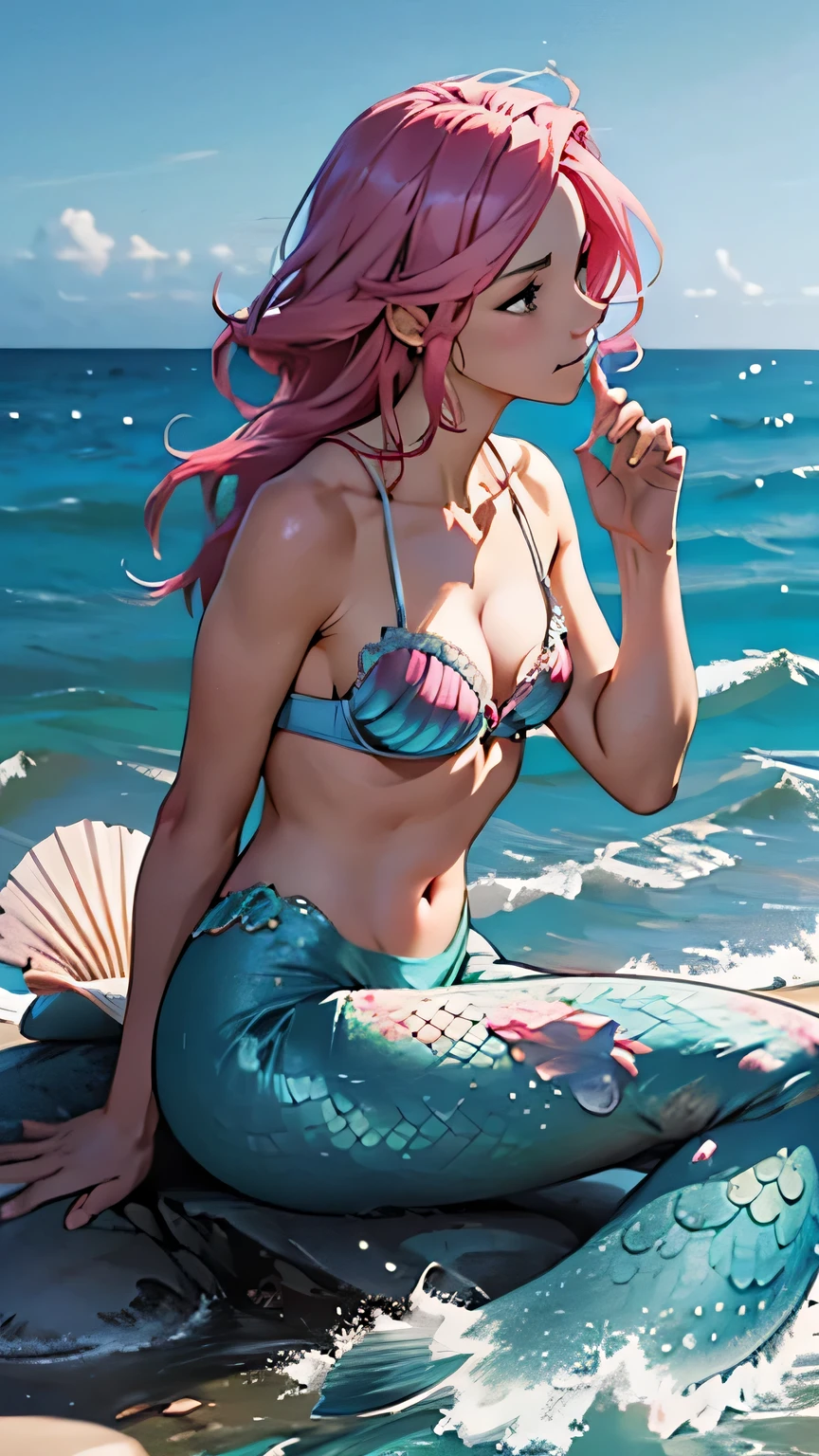 Mermaid, Pink Hair, Sitting on a rock, Edge of the ocean, night Background, shell bra, Beautiful, Very beautiful, Detailed, very detailed, High quality, Singing action, Expression of sadness, Looking ahead, Hand directed towards spectator