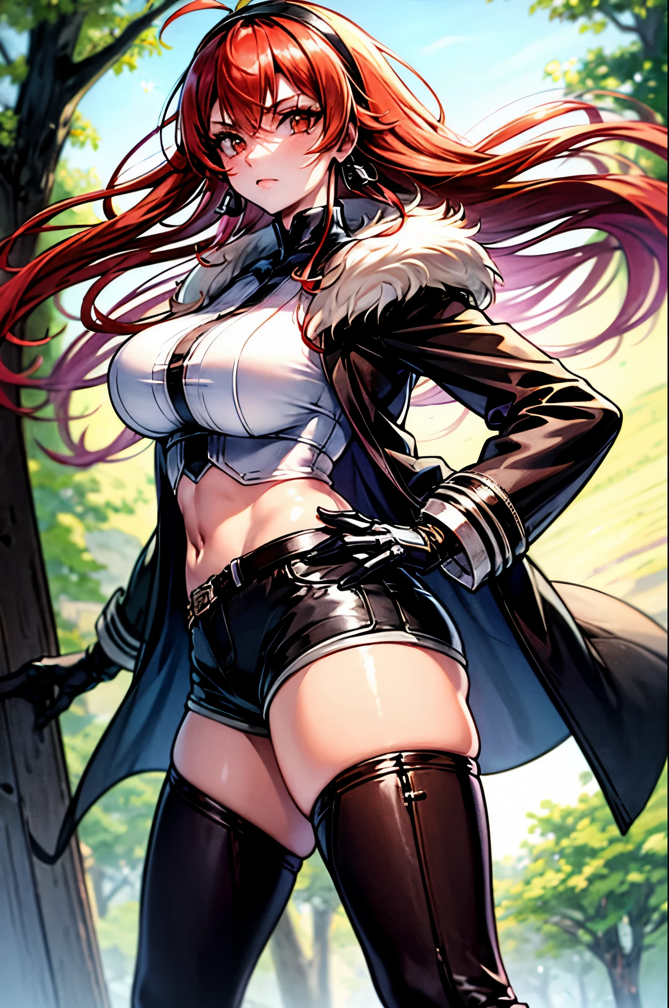 masterpiece, best quality, expressive eyes, perfect face, (cowboy shot), loking at viewer, crossed bangs, solo, 1girl, erisc, red hair, long hair, hairband, ahoge, red eyes, white shirt, large breasts, long hair, fur-trimmed jacket, black jacket, open jacket, coat, crop top, mature female, forest, sky, black thighhighs, gloves, long sleeves, navel, short shorts, black shorts, belt