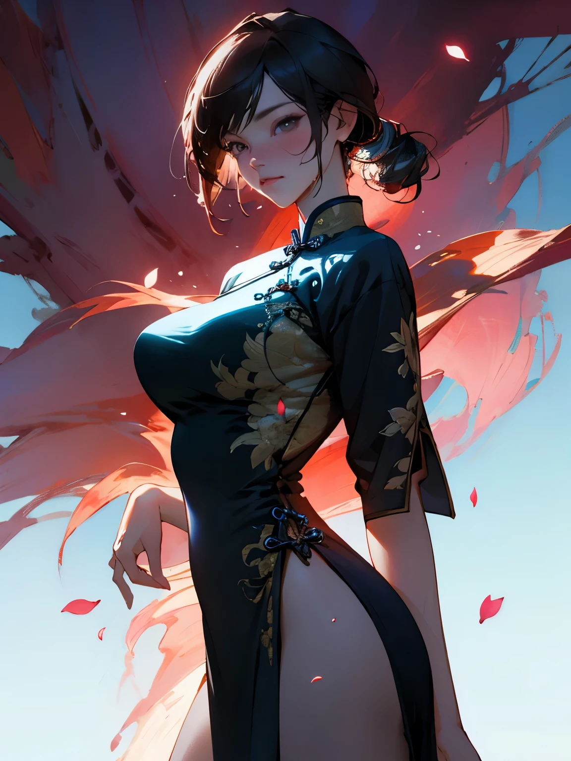(photorealistic:1.3),(hyperrealistic:1.3),(extremely detailed CG unity 8K wallpaper),(beautiful and clear background:1.2), detailed background, (rim lighting, spot lighting:0.75), ((good anatomy)),fashion model, (finely detailed face and beautiful eyes),(cowboy_shot:1.3),dynamic angle,
(1girl), solo,chinese clothes, china dress,wet clothes, large breasts, huge ass, cool & sexy \(idolmaster\),, looking away,
petals,reflection light,out door,warm light,