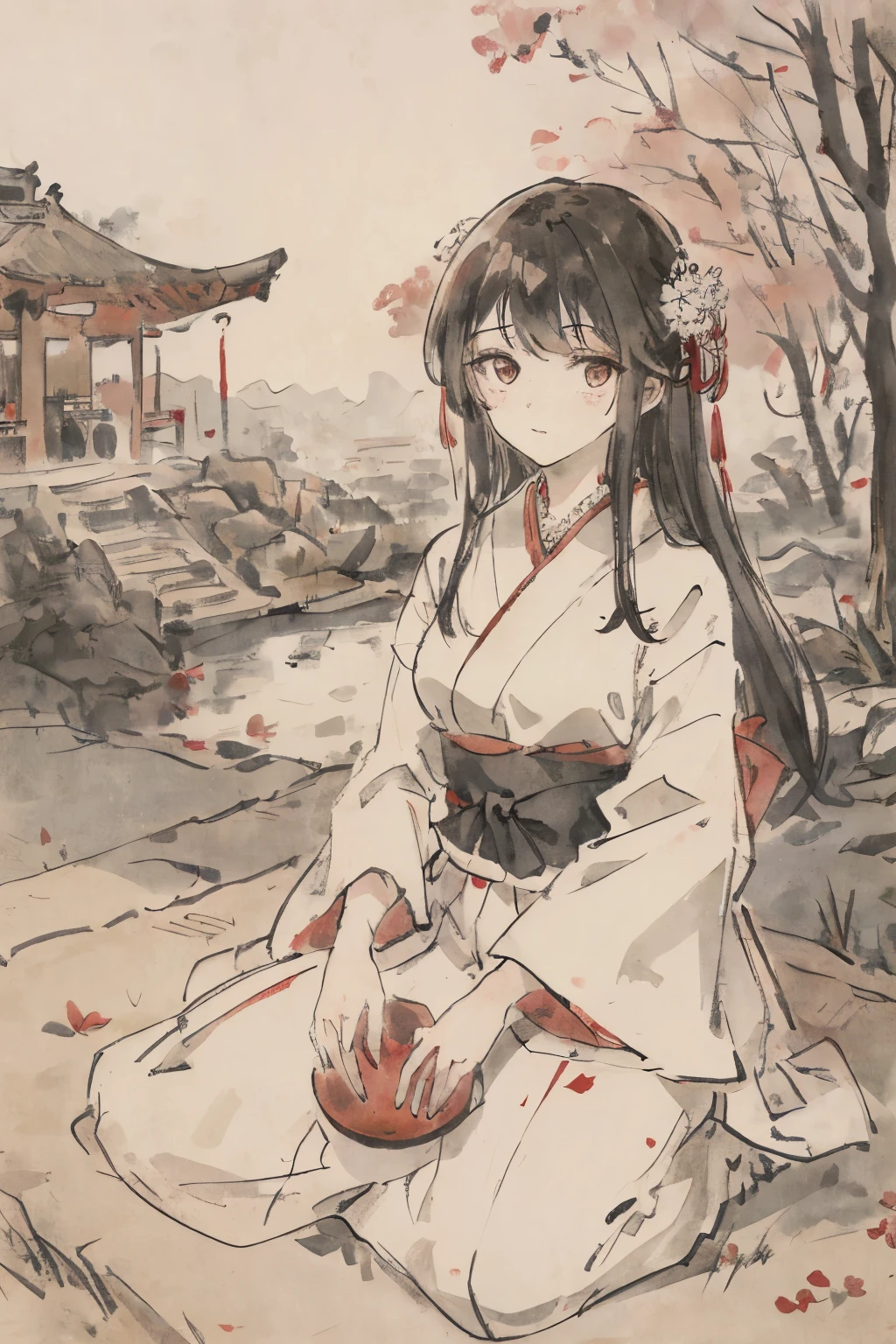 masterpiece, best quality, 1girl, dark hair, dark eyes, hakama red and white, outdoor, sitting, field, village, bottom, face, ancient japanese temple