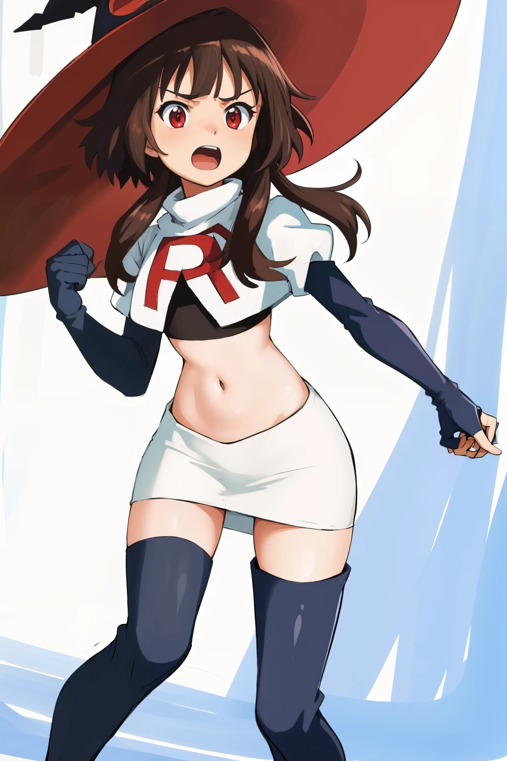 anime coloring, 
1girl, solo red eyes, brown hair,short hair with long locks, bangs,looking at viewer,cowboy shot,witch hat,team rocket,team rocket uniform,white skirt,crop top,black thigh-highs,black elbow gloves,
