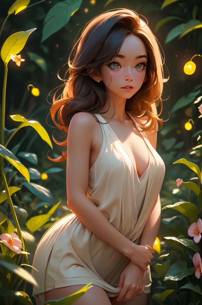 ((masterpiece)), (best quality), (cinematic), UHD, a woman in a long white dress, running through an open field, long black hair, bangs, chubby, wide hips, full body, green eyes, freckles on cheeks, wind, detailed face, detailed body, red and orange sky, glow, clouds, vegetation, green plains, floating bubbles, (cinematic, colorful), vast field, (extremely detailed), inspired by Studio Ghibli, EpicSky, cloud, sky, highly detailed, detailed face,