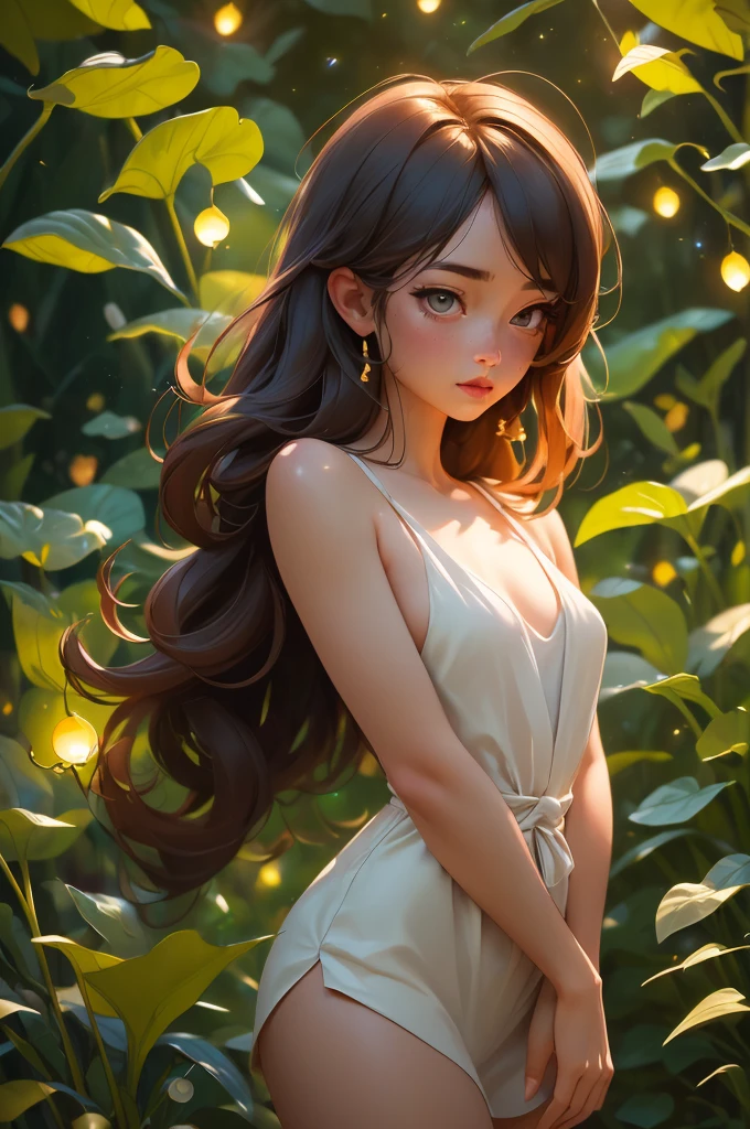 (8k, top quality, masterpiece: 1.2), (realistic, photorealistic: 1.37), super detail, one naked girl, wide angle of view, firefly garden, lots of small faint light and fireflies flying around, night, dynamic lighting