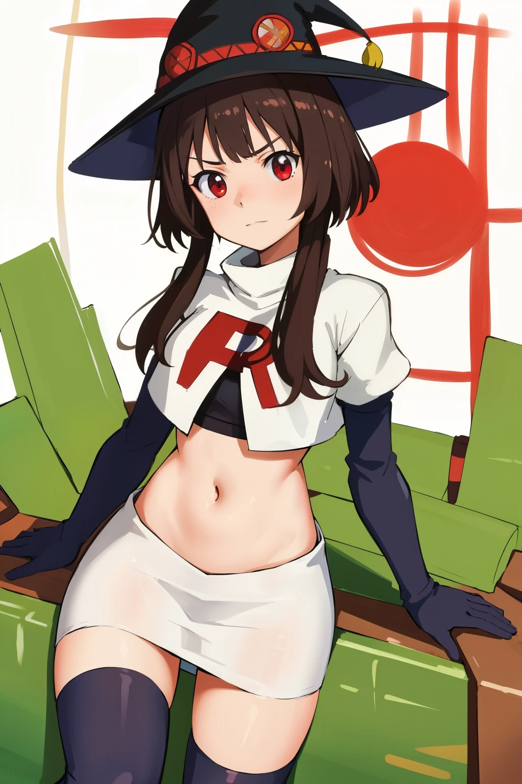 anime coloring, 
1girl, solo red eyes, brown hair,short hair with long locks, bangs,looking at viewer,cowboy shot,witch hat,team rocket,team rocket uniform,white skirt,crop top,black thigh-highs,black elbow gloves,
