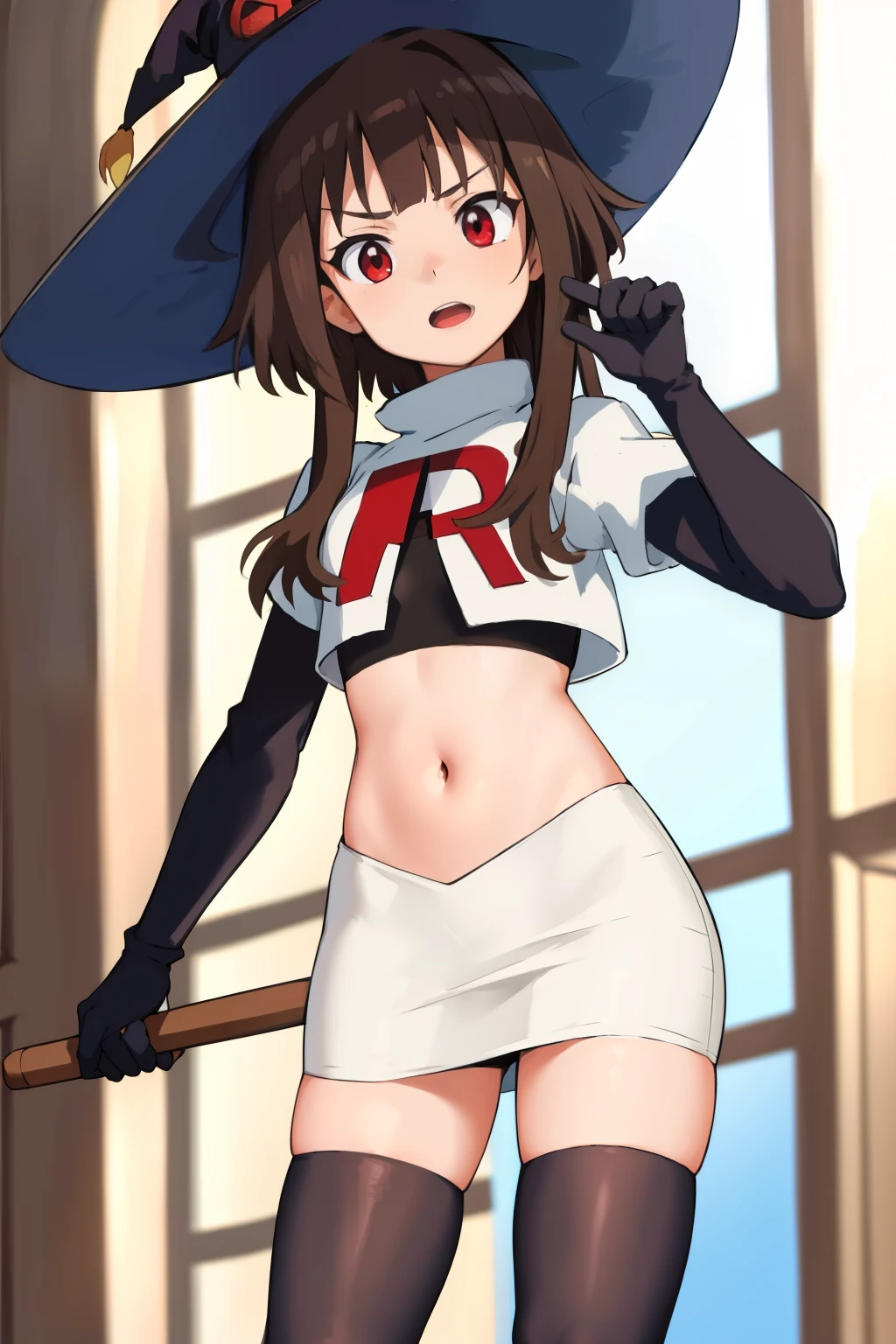 anime coloring, 
1girl, solo red eyes, brown hair,short hair with long locks, bangs,looking at viewer,cowboy shot,witch hat,team rocket,team rocket uniform,white skirt,crop top,black thigh-highs,black elbow gloves,
