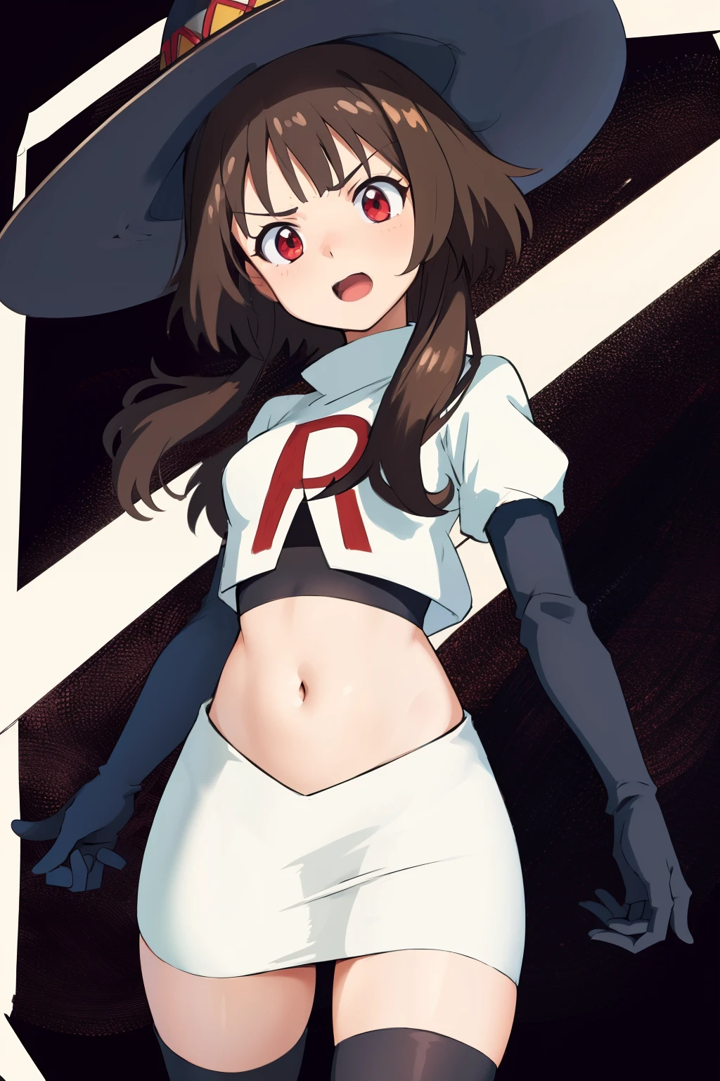 anime coloring, 
1girl, solo red eyes, brown hair,short hair with long locks, bangs,looking at viewer,cowboy shot,witch hat,team rocket,team rocket uniform,white skirt,crop top,black thigh-highs,black elbow gloves,
