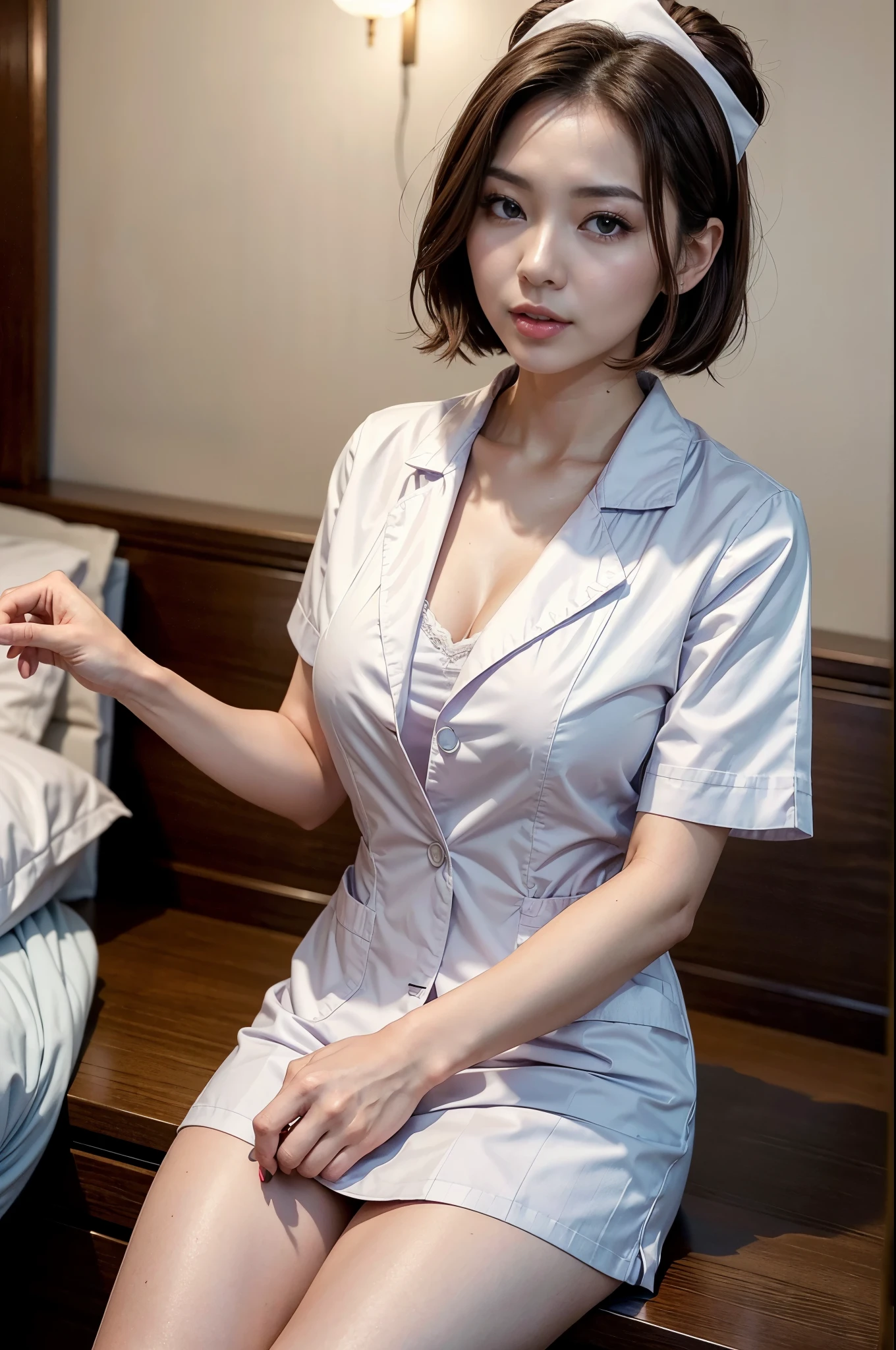 (Best quality, 8k, 32k, Masterpiece, UHD:1.2),Photo of Pretty Japanese woman, 1girl, (medium-short dark brown hair), (large breasts), double eyelid, White nurse uniform, small white nurse (cap), white shirt, cleavage, hospital, patient's room, full body, photo from below, sexy