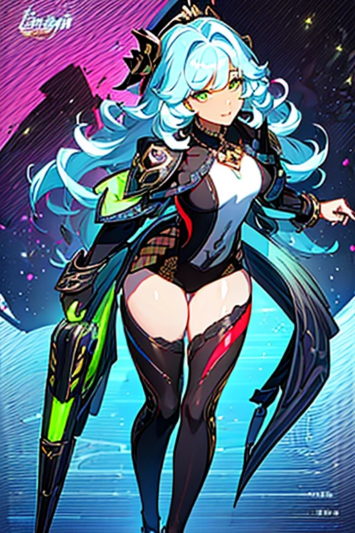 (Masterpiece: 1.5, best quality, high resolution: 1.3, super resolution, super detailed, ultra detailed: 1.3, rich background: 1.2, 1 woman)) dark skin + pale hair + fluffy curly hair + lime green eyes + long eyelashes + feminine body + small chest + wide hips + thick thighs (intricate wetsuit, gradient thigh-high stockings, fluffy jacket like clouds, intricate shoes, simple short necklace, long necklace with an emblem, jewelry hanging from her hip) (( smiles, turning to look at the viewer, colorful background effects, neon red lines next to the background)) (colors for clothing and accessories: yellow, black, white, cream, red, light blue, lime green, )
