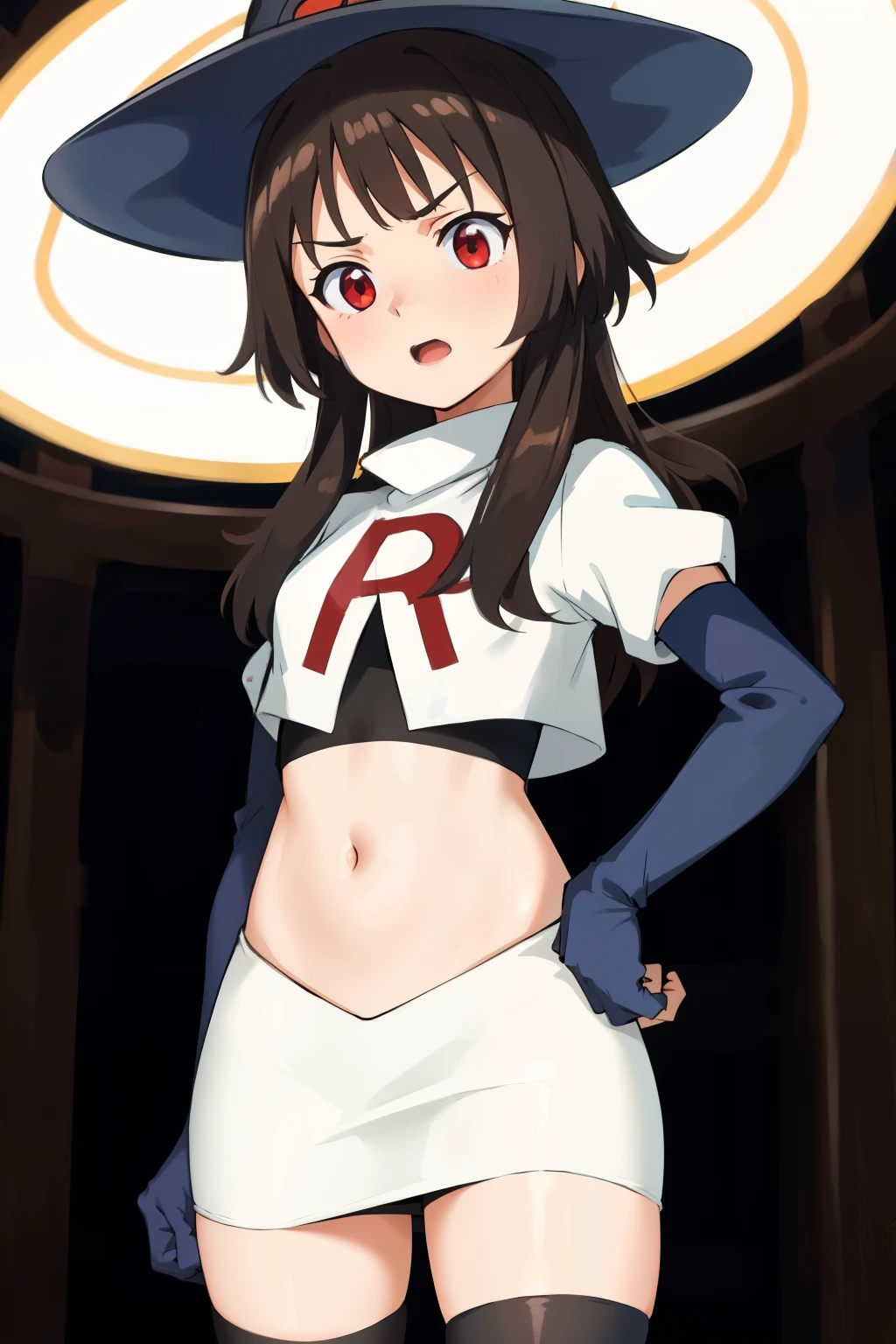 anime coloring, 
1girl, solo red eyes, brown hair,short hair with long locks, bangs,looking at viewer,cowboy shot,witch hat,team rocket,team rocket uniform,white skirt,crop top,black thigh-highs,black elbow gloves,
