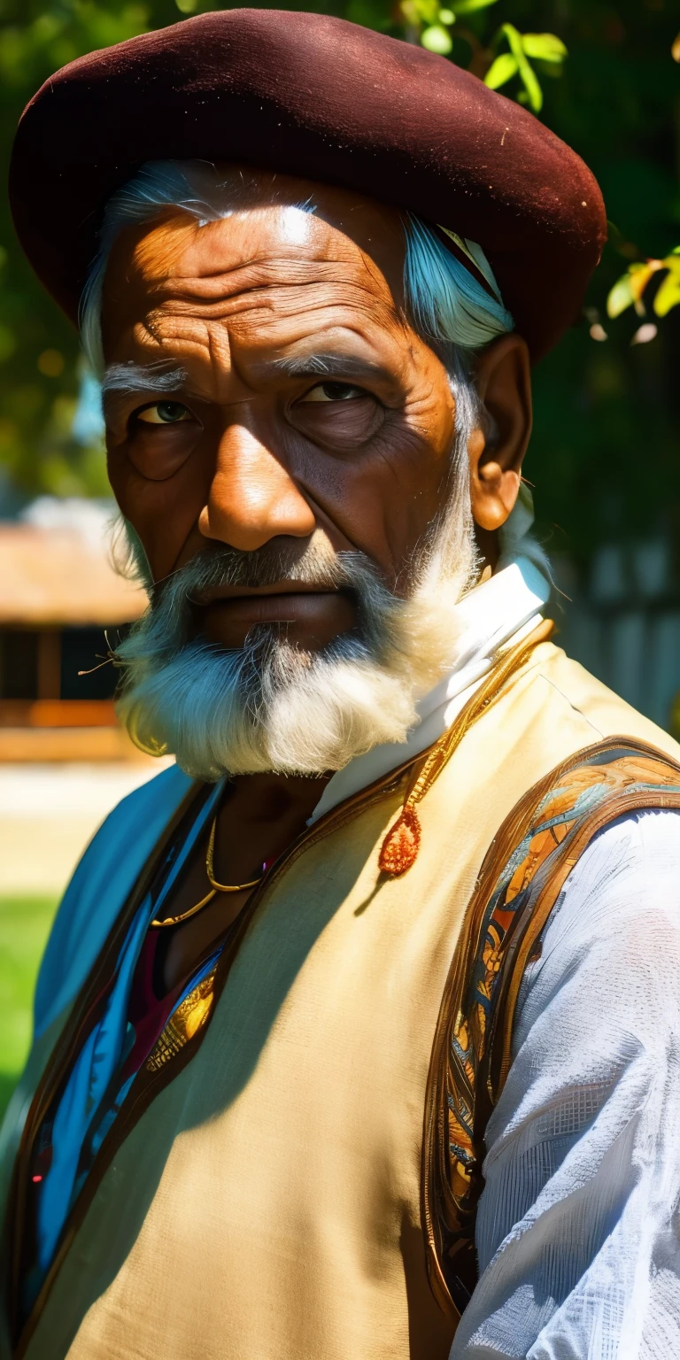 A hyper-realistic photograph of the face of an 85 year old man, this man is an indian elder, the photo taken during the day with a professional camera. He has short white hair and a long beard, brown eyes and deep wrinkles. He is serious and looking at the camera. He wears a white turban, a brown tunic, and a black vest. He has tanned, rough skin, marked by the sun and age. The photograph has natural, soft lighting, which highlights the details and colors of the man's face. The background is a rural landscape, with mountains, houses and trees. UHD, masterpiece, textured skin, super detail, high details, high quality, award winning, best quality, highres, HD, 4K