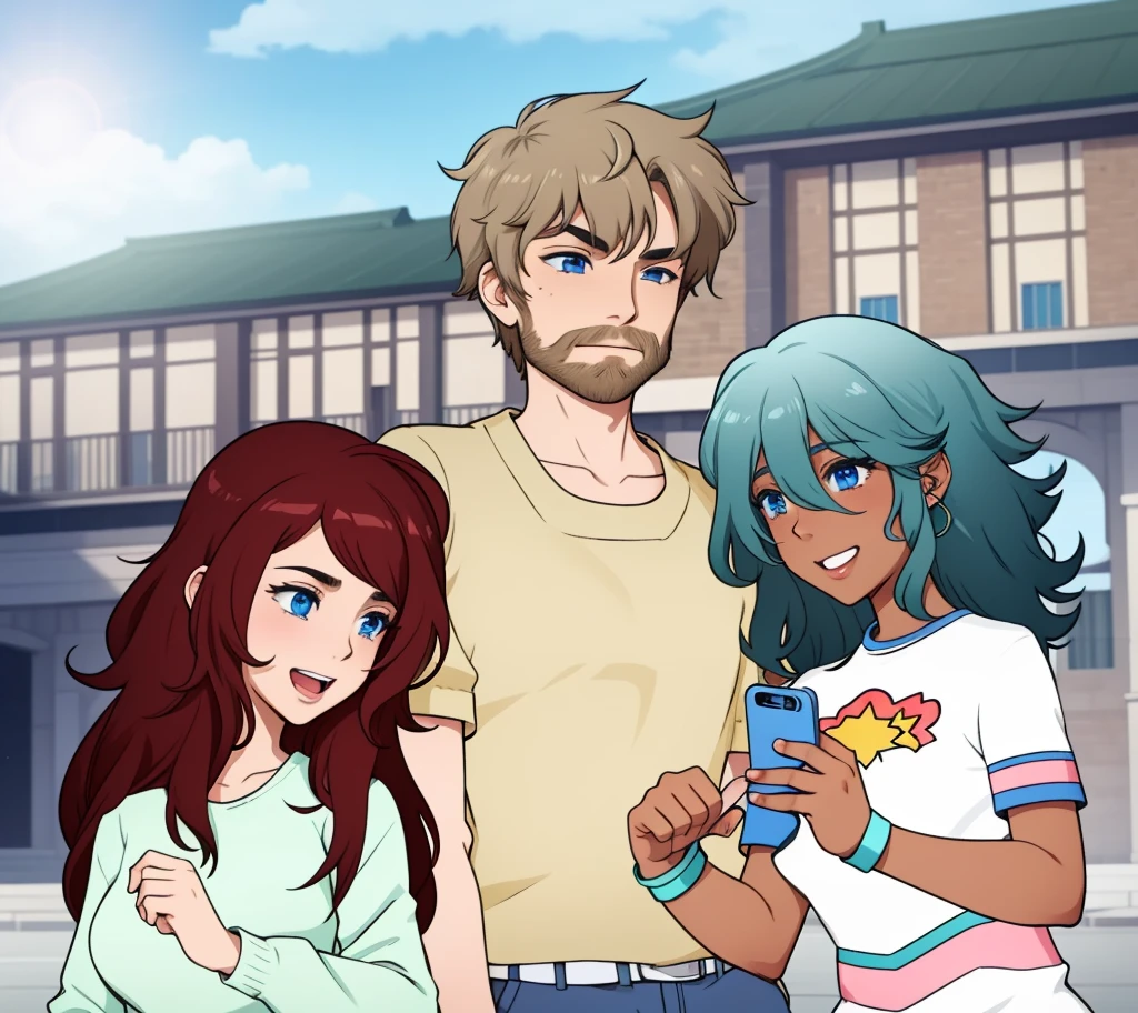 three characters standing in front of a school building with a cell phone, discussing together, 2girls 1 boy with a beard