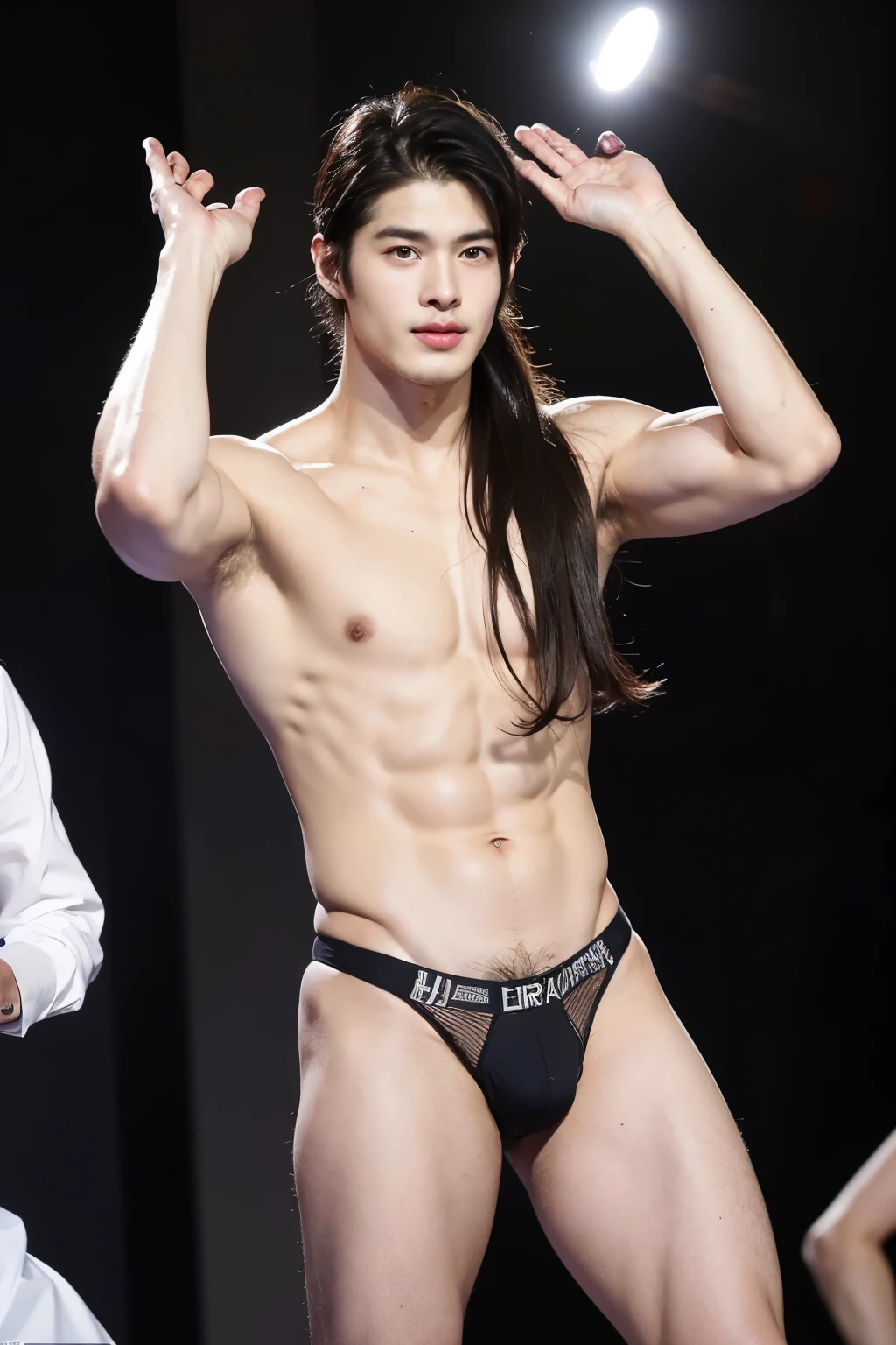 (((Male model)): (Park Bo-young / Anne Curtis / Erwan Heussaff), a 22-year-old Korean heartthrob, stands tall at 186cm. His hyperrealistic light aura and charismatic skin tone radiate a captivating energy. Dressed in an elegant ((Flora D&G thong)), he exudes confidence and allure, showcasing a seductive bulge. The fashion week audience in Milan is treated to an ((NSFW)) spectacle of his mesmerizing presence.