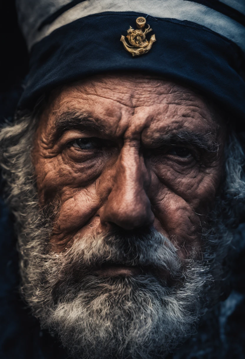 Old sailor, gray beard, very serious and tense look, wrinkled skin, deep squinted dark eyes, sailor's cap, ice-cold lighting atmosphere, cigar in mouth 