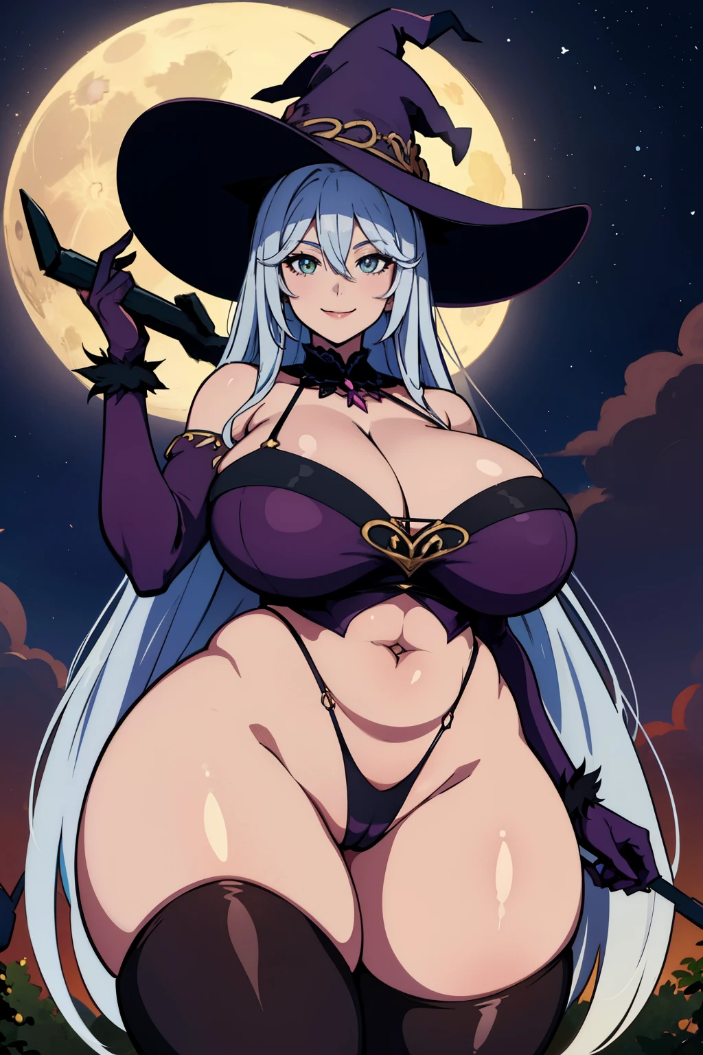 smile, looking at viewer, full moon, night, witch hat, gigantic breasts, wide hips,