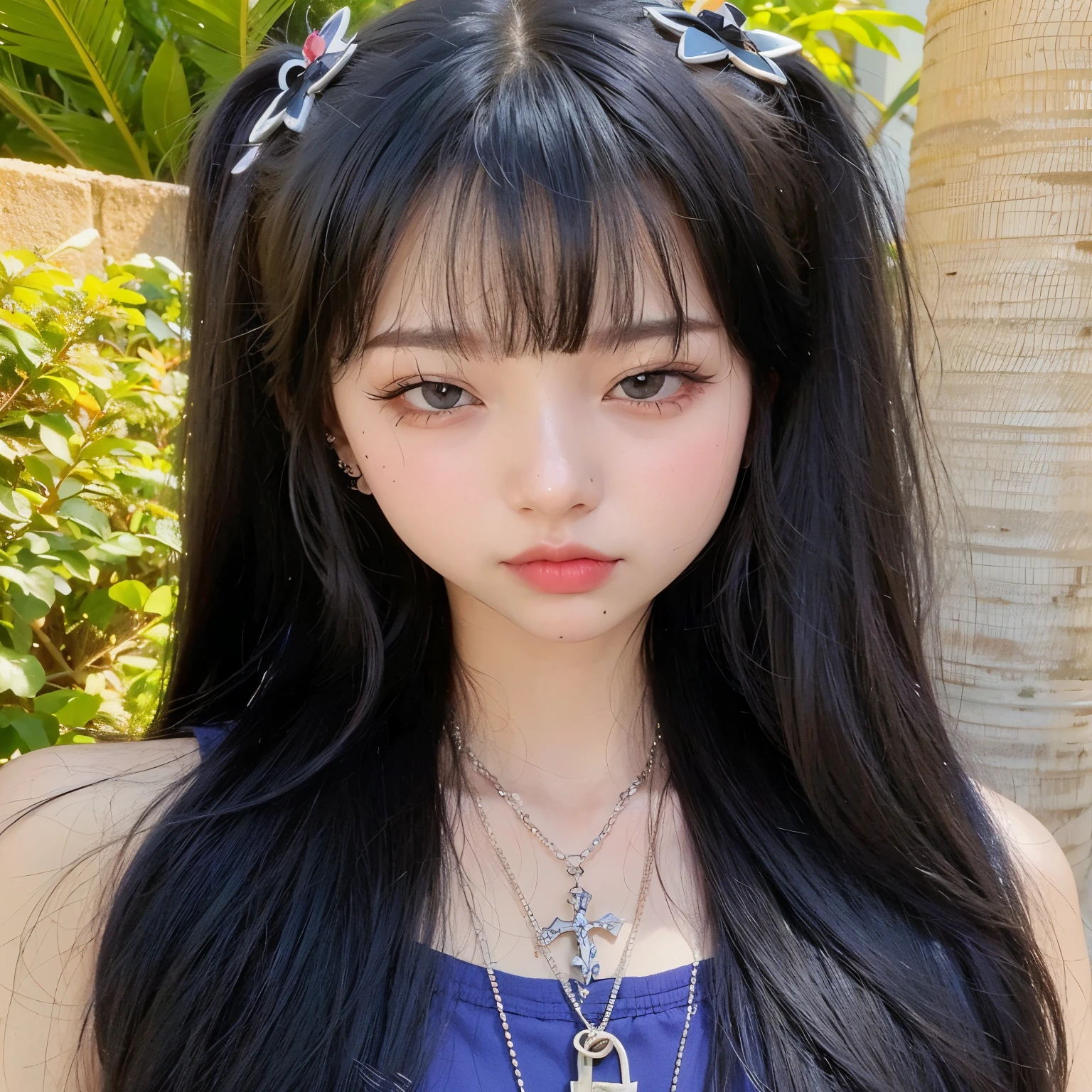 um close up de uma mulher com longos cabelos pretos usando um colar, Ulzzang, cruel korean goth girl, com cabelos longos e olhos penetrantes, ela tem cabelo preto com franja, corte de cabelo preto hime, o corte Hime, cabelo preto longo com franja, cabelo preto com franja, garota de anime na vida real, 1 7  Goth Anime Girl