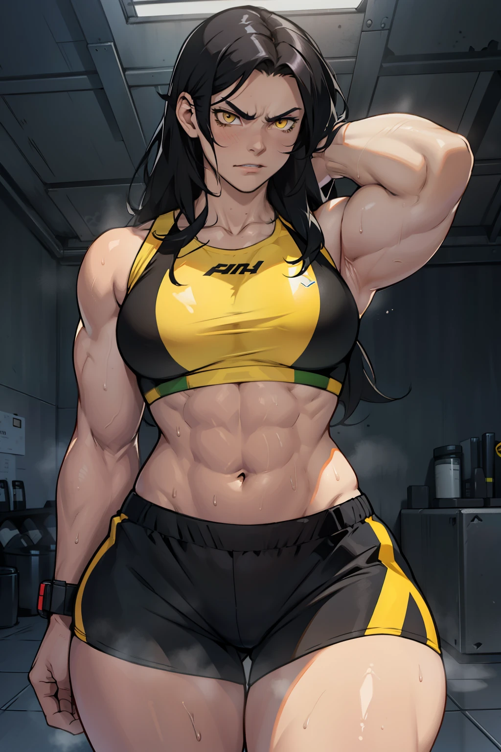 black hair, yellow eyes, solo, sweaty, shiny skin, angry, pale skin, (((muscular, 1girl))), curvy, thin waist, very long hair, short shorts, navel, sports bra